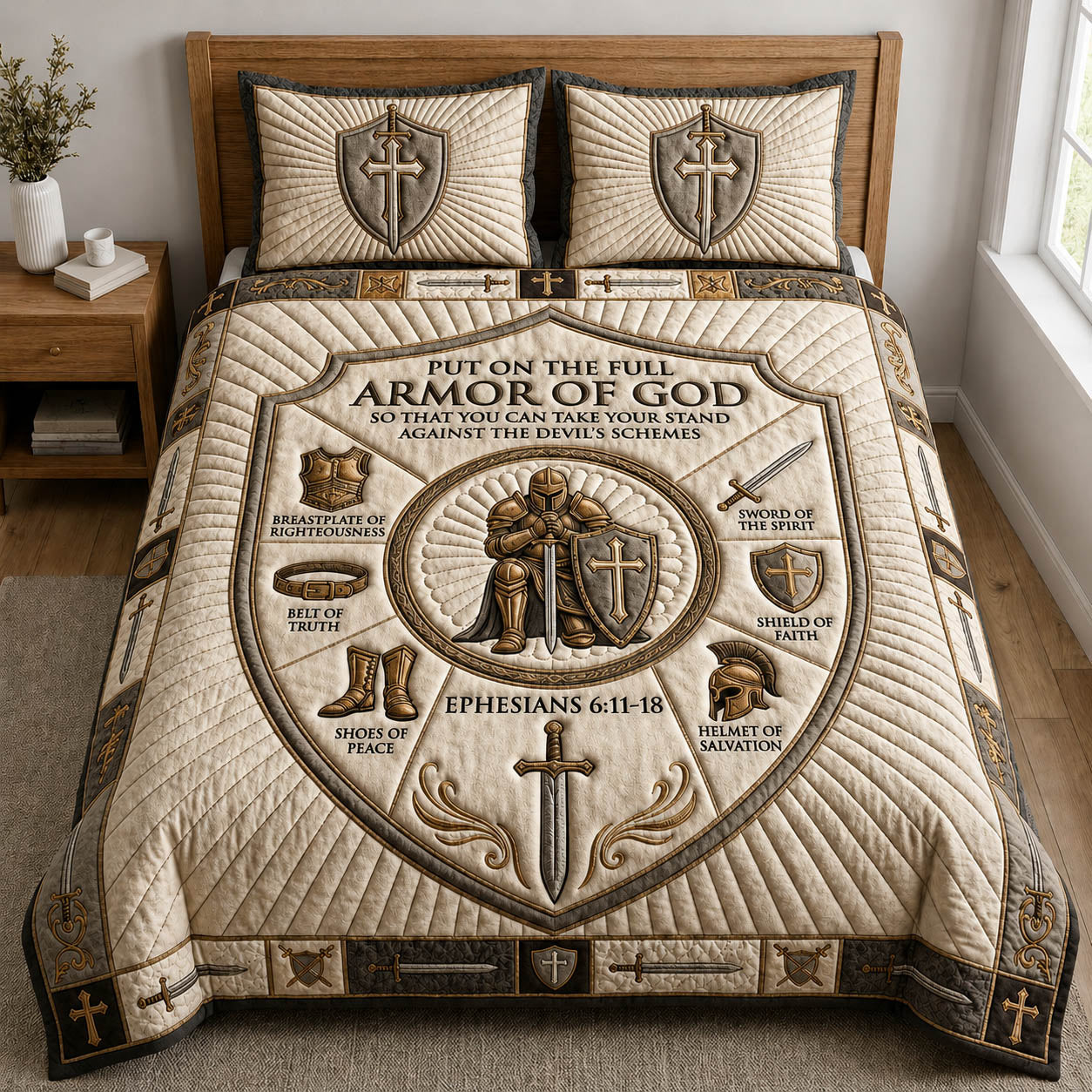 Armor Of God Quilted Bedding Set Christian Warrior Coverlet Set Unique Room Decor Gifts