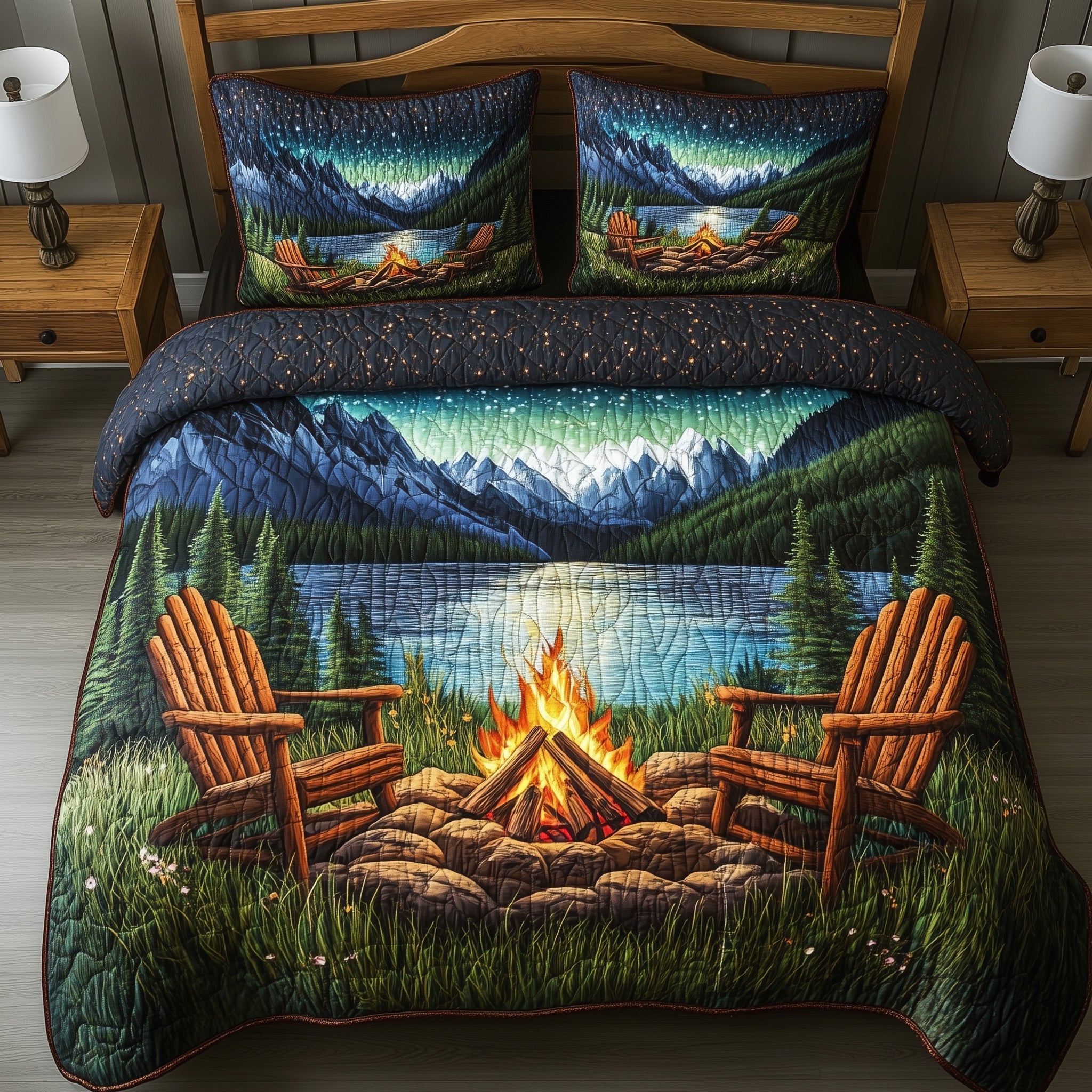 Aurora Campfire Night Quilted Bedding Set Camping Lifestyle Coverlet Set Room Gift For Her