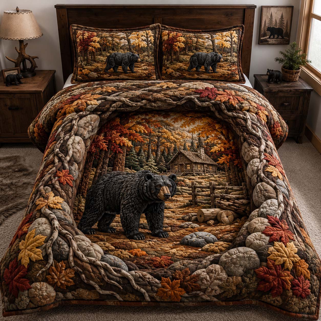Autumn Bear Cabin Quilted Bedding Set Bear Lover Coverlet Set Decor Gift