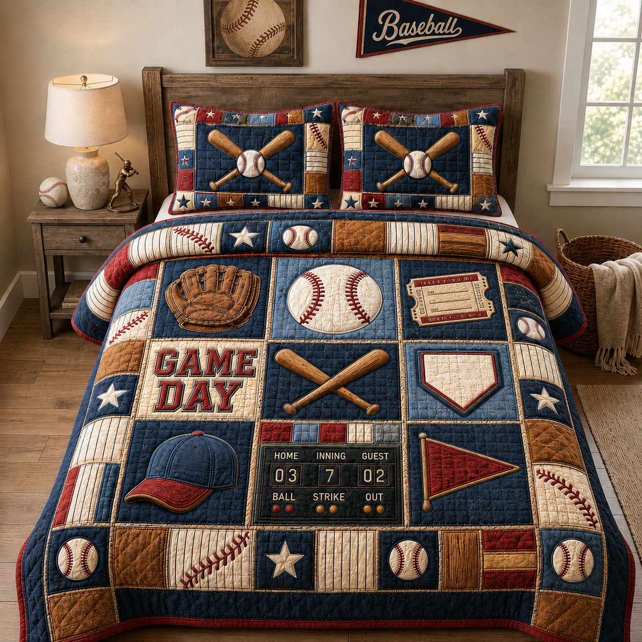 Baseball Game Day Legacy Quilted Bedding Set Baseball Fan Coverlet Set Gift Idea