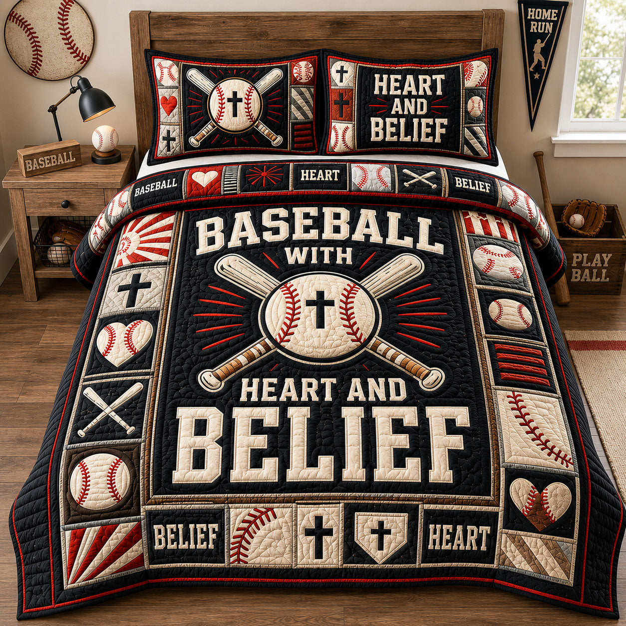 Baseball With Heart And Belief Quilted Bedding Set Baseball Fan Coverlet Set Decor Gifts