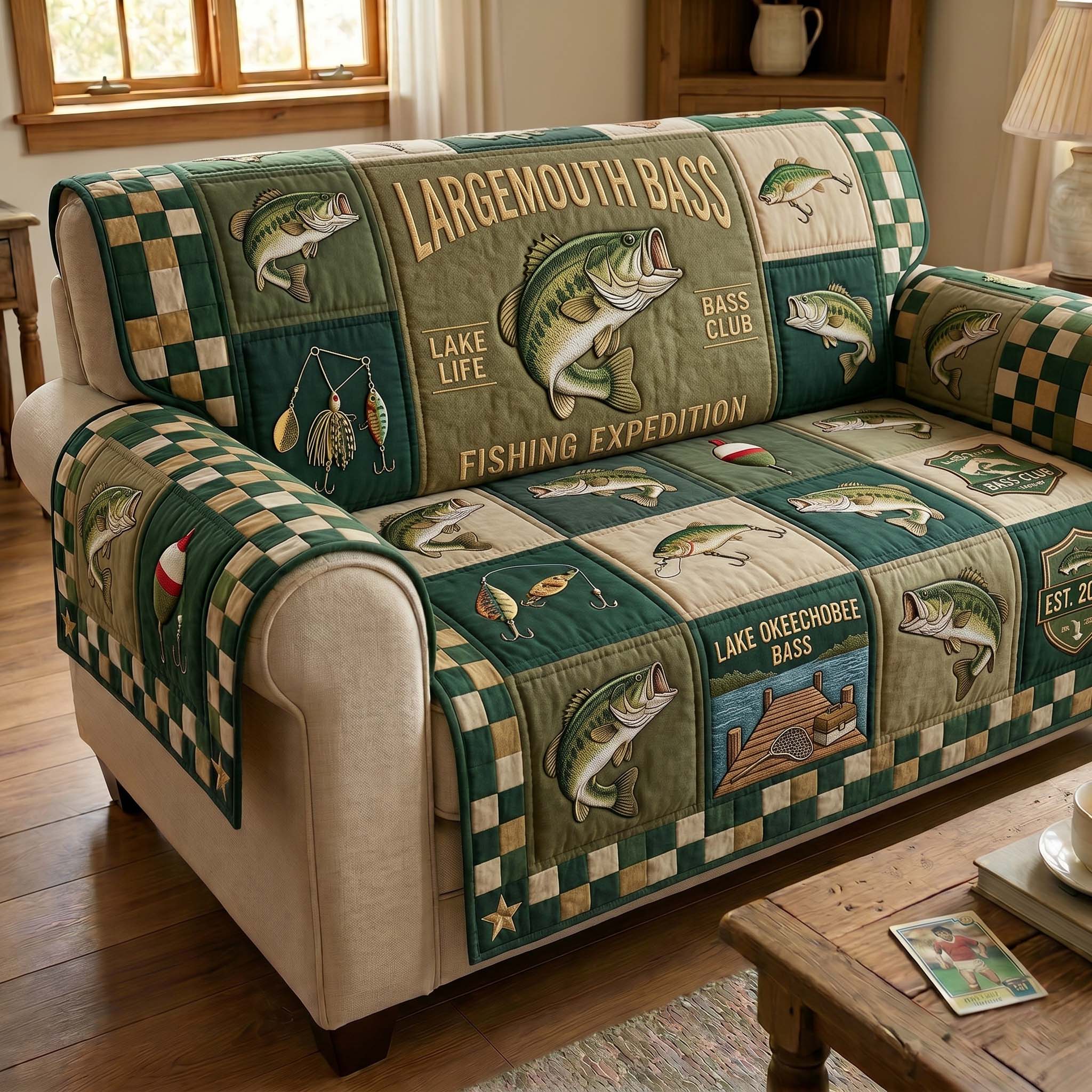 Bass Club Expedition Quilted Sofa Cover Bass Club Quilted Couch Cover Home Gift For Her