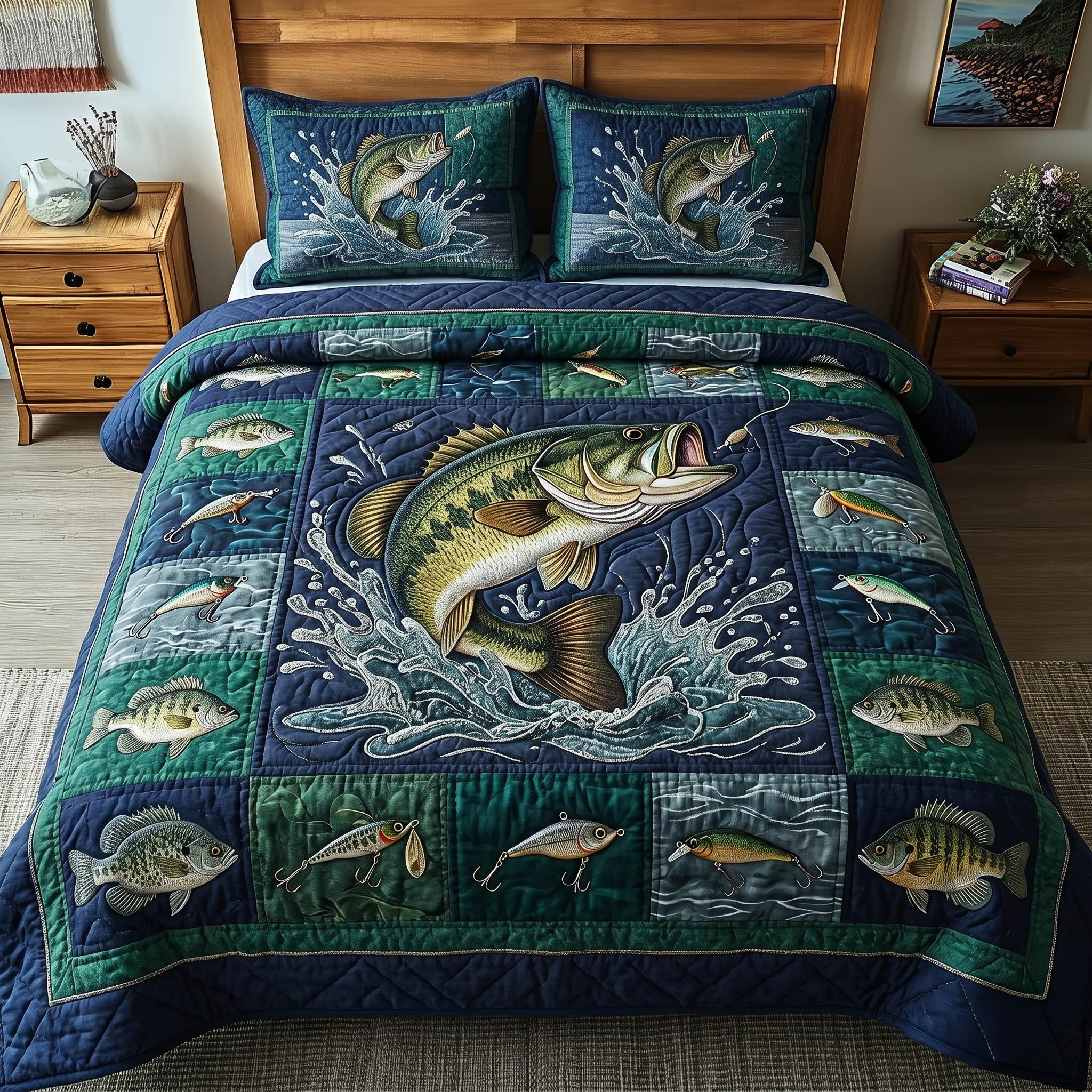 Bass Splash Quilted Bedding Set Bass Lover Coverlet Set Trendy Gift
