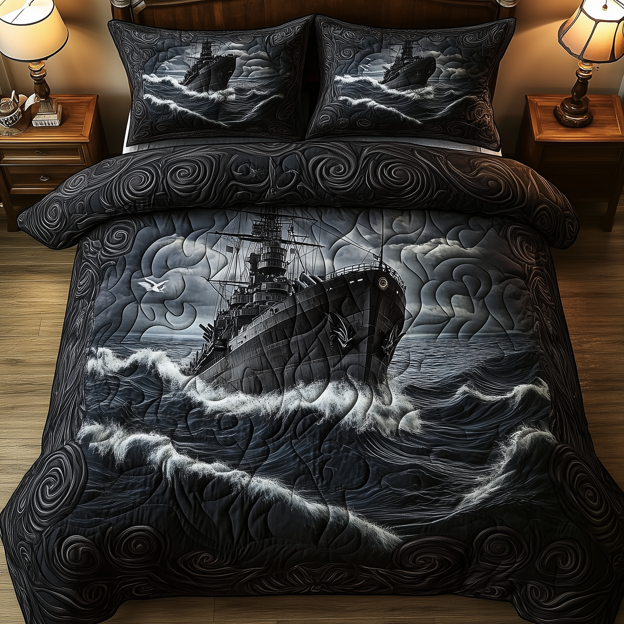 Battle Ship in the Storm Quilted Bedding Set Rustic Lifestyle Coverlet Set Gift For House Lover