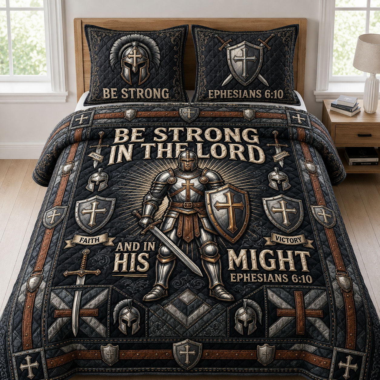 Be Strong In The Lord Quilted Bedding Set Christian Faith Coverlet Set New Gift
