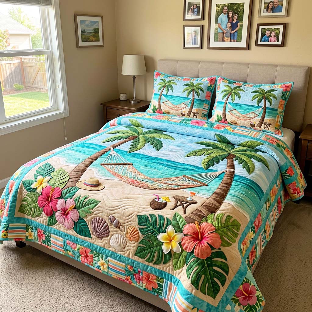 Beach Hammock Quilted Bedding Set Coastal Serenity Coverlet Set New Gift