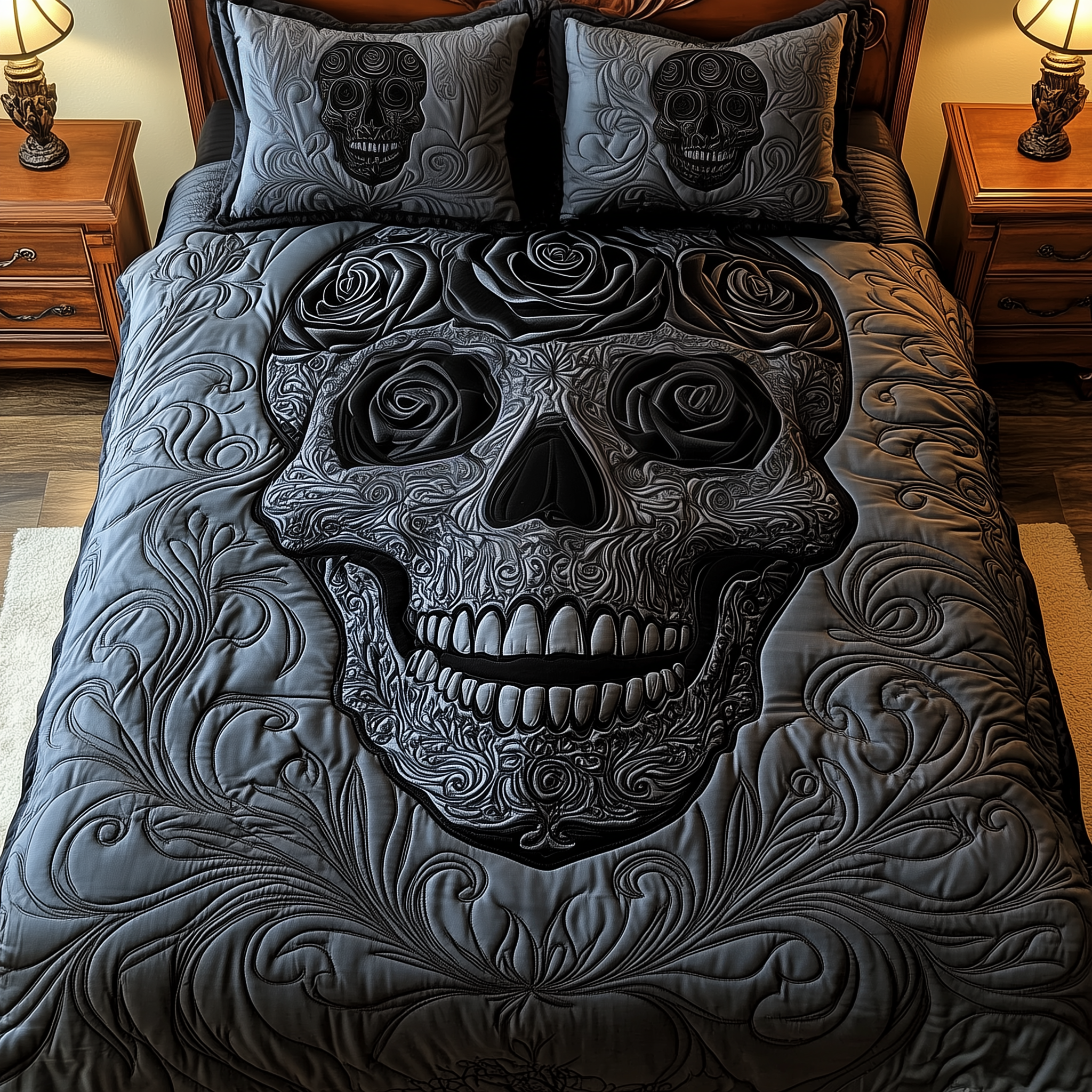Black Rose Skull Quilted Bedding Set Gothic Halloween Coverlet Set Gift For Home Lover