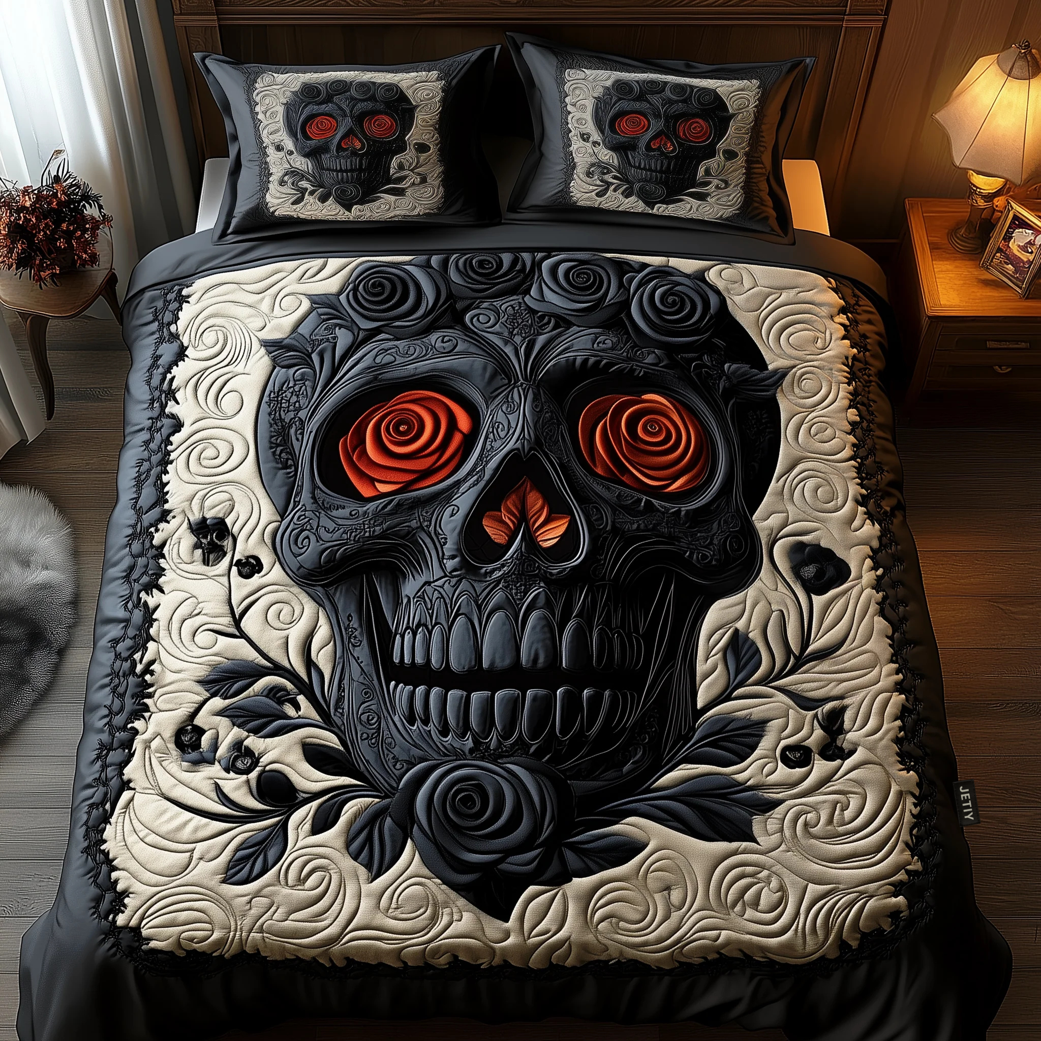 Black Rose Skull Quilted Bedding Set Gothic Halloween Coverlet Set Gift For Room Lovers