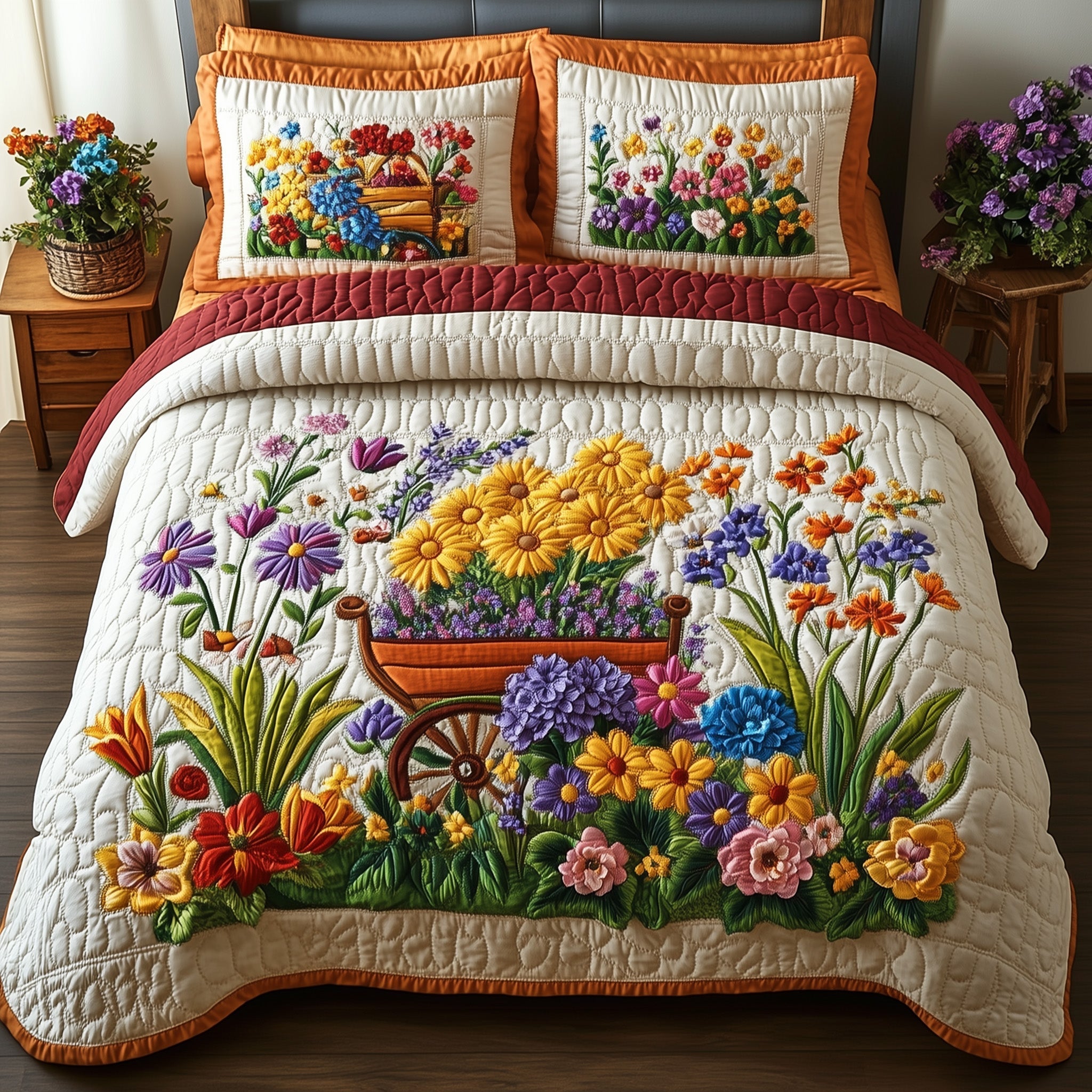 Blooming Garden Quilted Bedding Set Floral Garden Coverlet Set Home Gift For Her