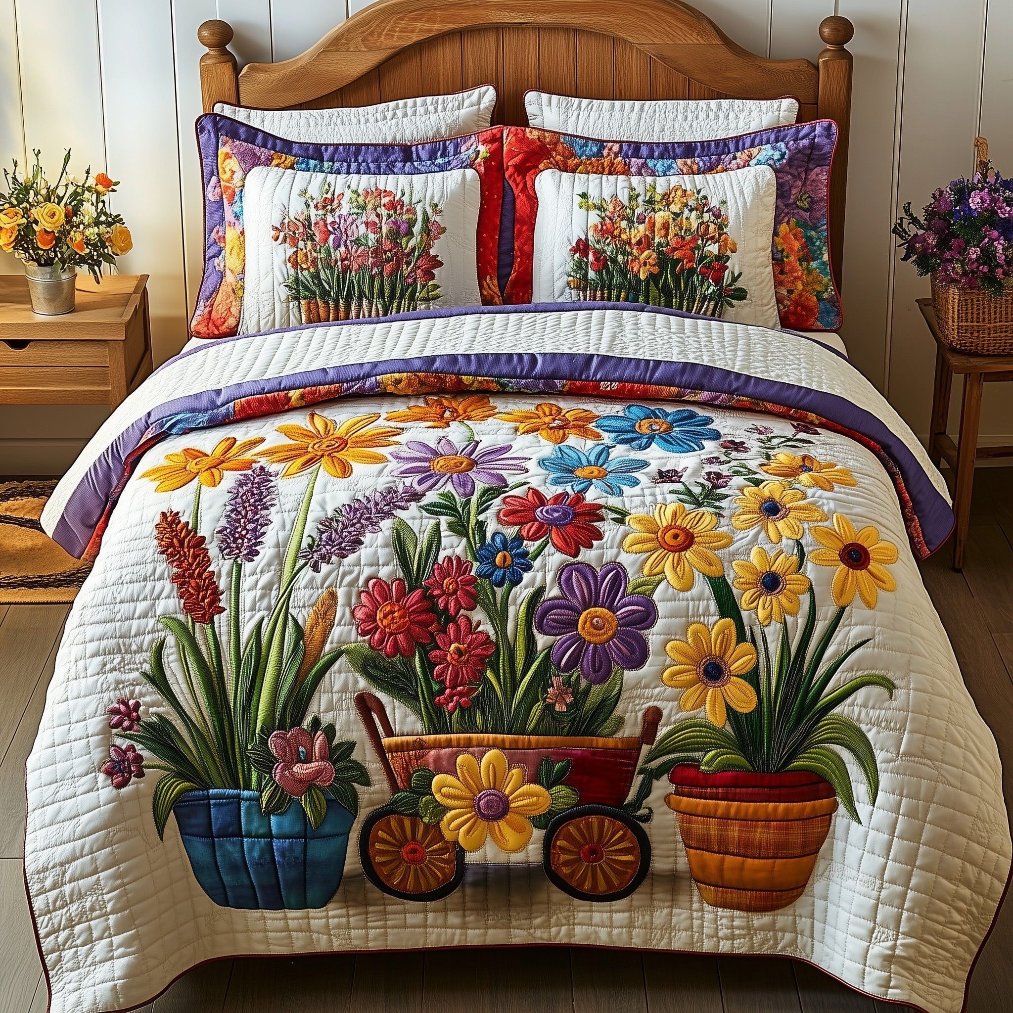 Blooming Garden Quilted Bedding Set Floral Garden Coverlet Set Unique Gift