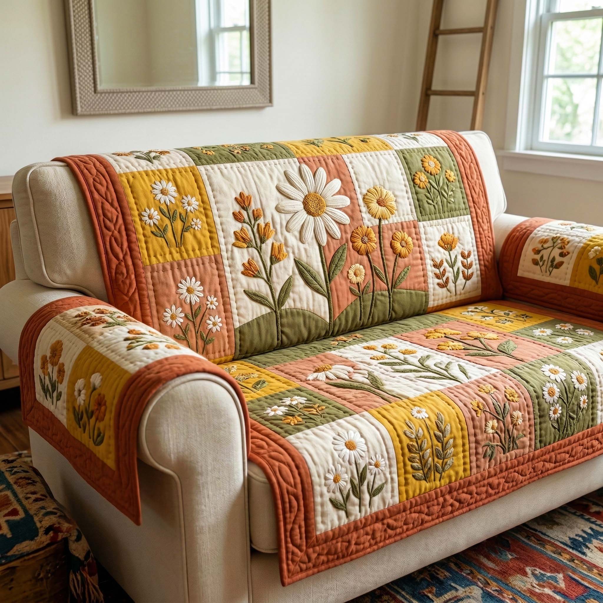 Blossom Grace Quilted Sofa Cover Floral Elegant Quilted Couch Cover Cozy Living Gift Ideas