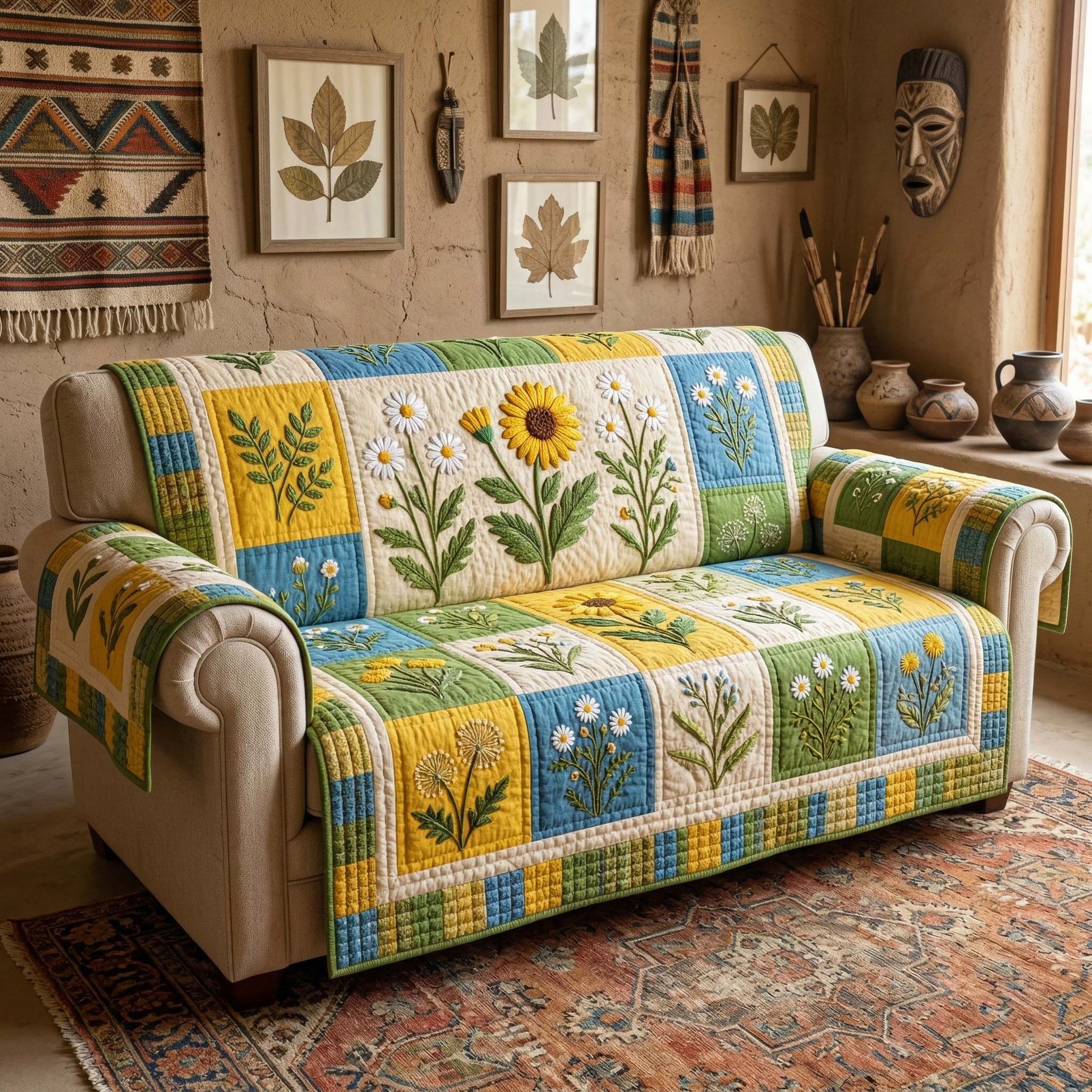 Blossom Grace Quilted Sofa Cover Floral Elegant Quilted Couch Cover Gift For Cozy Spaces