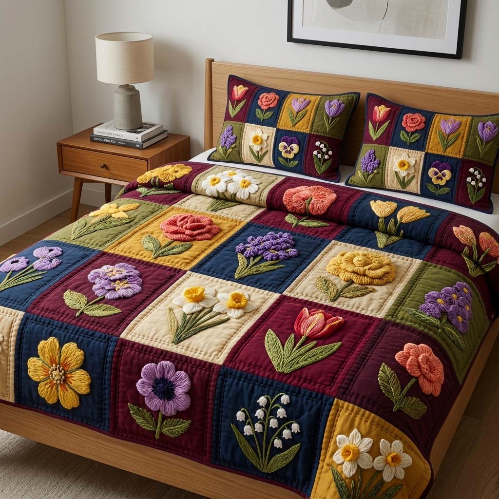 Blossom Patchwork Quilted Bedding Set Floral Garden Coverlet Set Present For Home Lovers