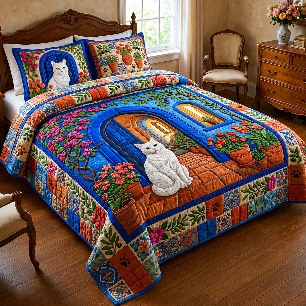Blue Garden Cat Quilted Bedding Set Cat Lover Coverlet Set Gift For Room Lovers