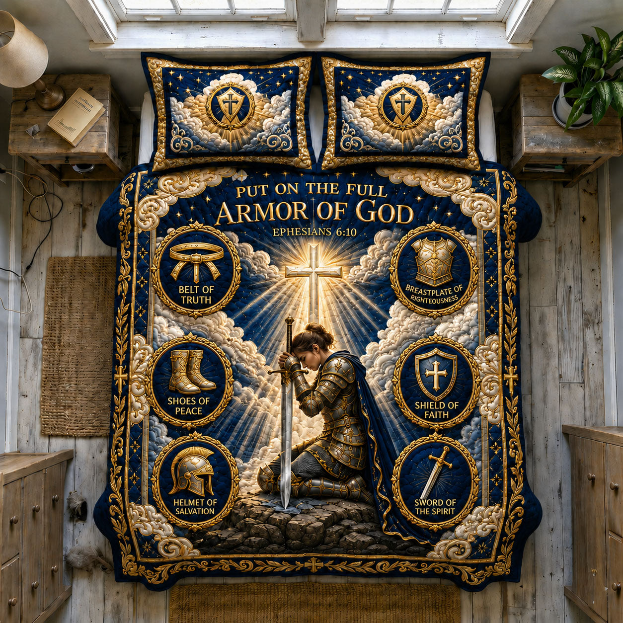 Blue Heavenly Spotlight Armor Of God Quilted Bedding Set Christian Warrior Coverlet Set Gift