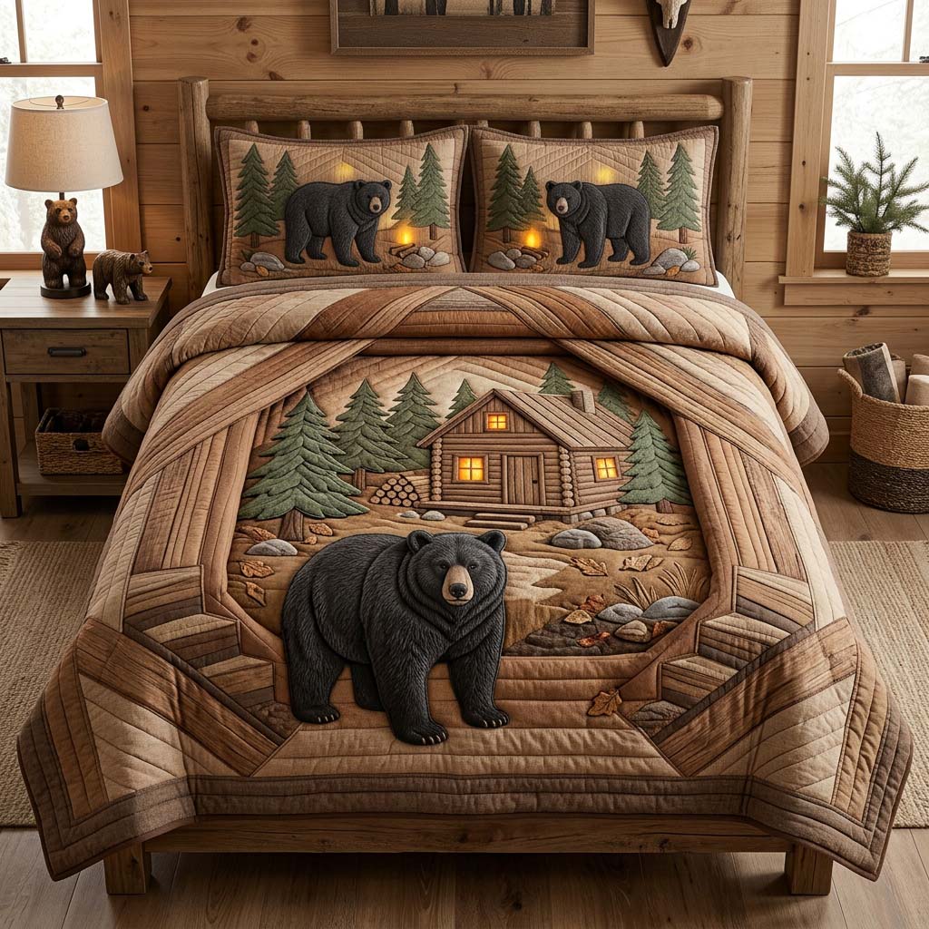 Cabin Bear Porch Quilted Bedding Set Bear Lover Coverlet Set Home Decor Gift