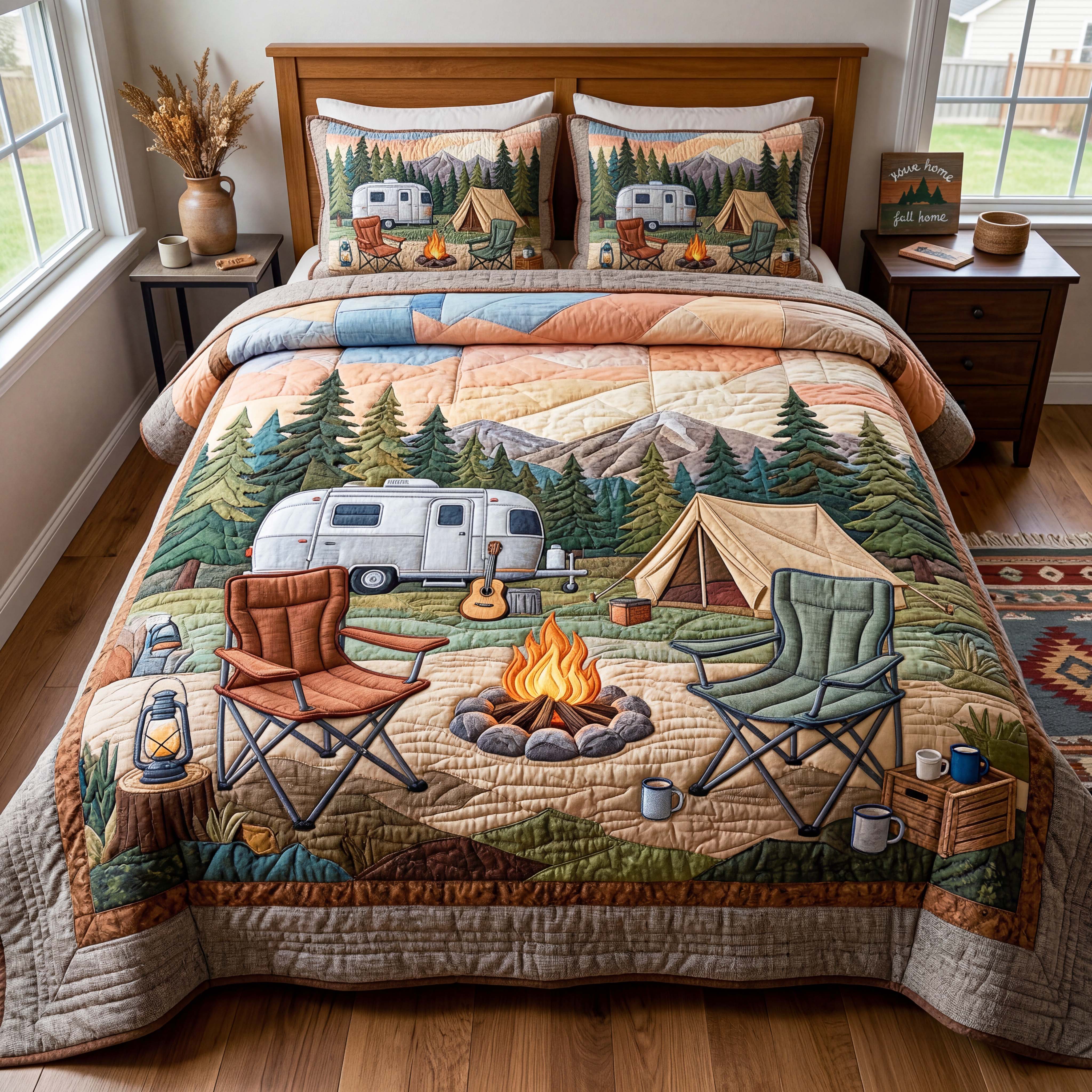 Campfire Escape Quilted Bedding Set Camping Lifestyle Coverlet Set Gifts For New Homes