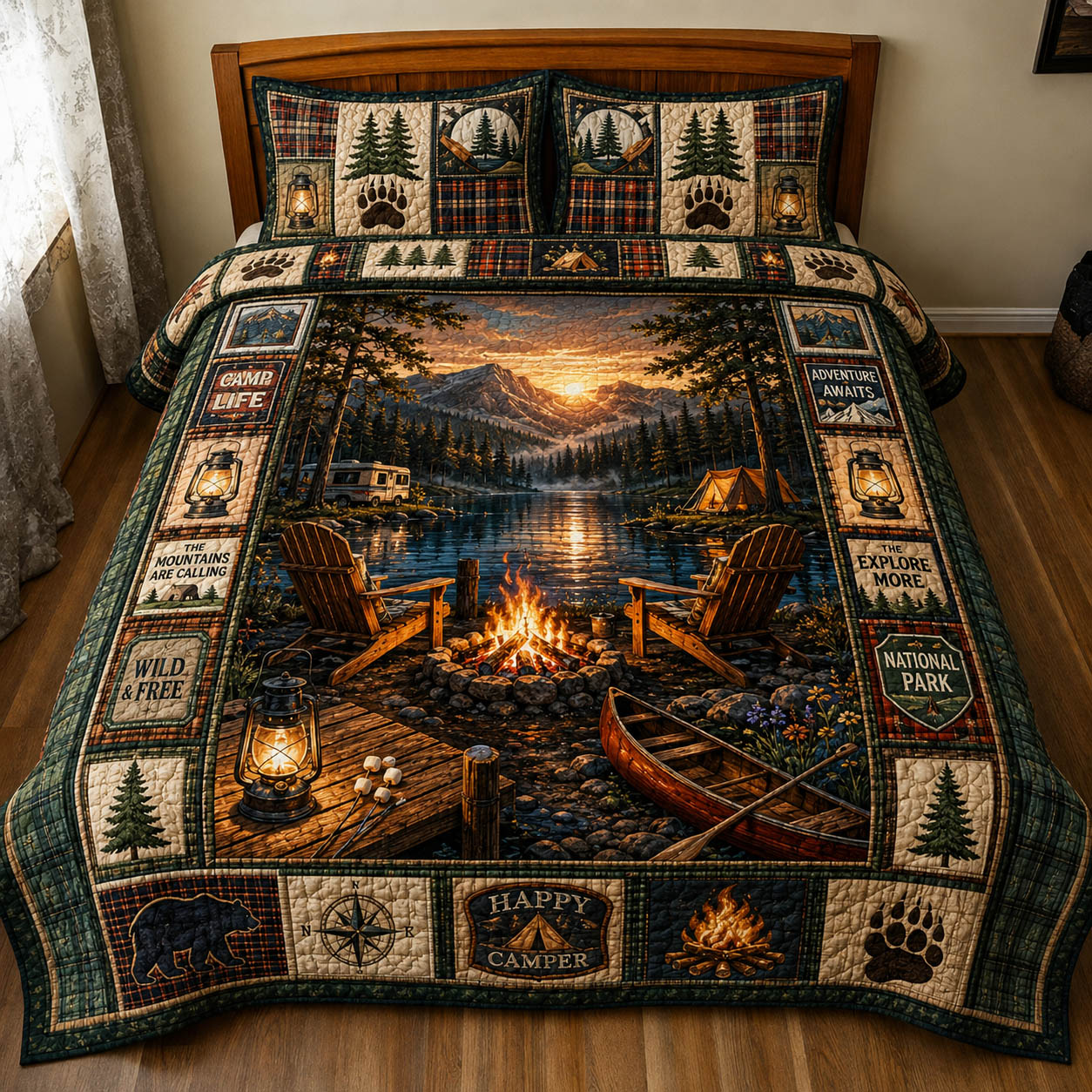 Campfire Escape Quilted Bedding Set Camping Lifestyle Coverlet Set Home Gift For Her