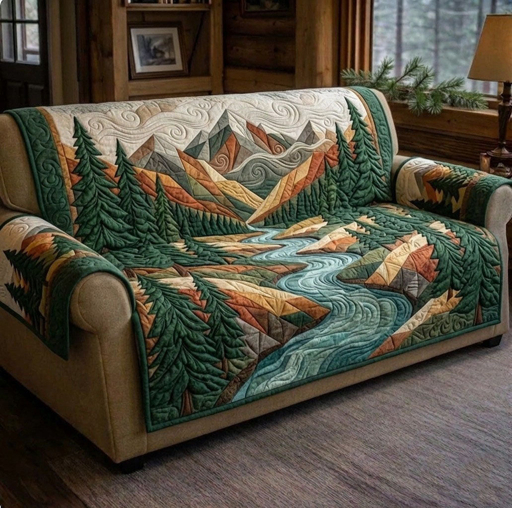 Camping Life Quilted Sofa Cover Rustic Outdoors Quilted Couch Cover Unique Room Decor Gifts