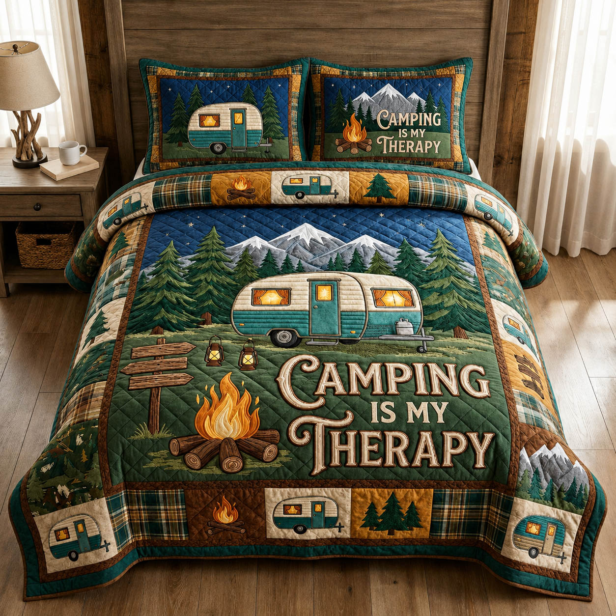 Camping Therapy Quilted Bedding Set Camping Lifestyle Coverlet Set Home Decor Ideas