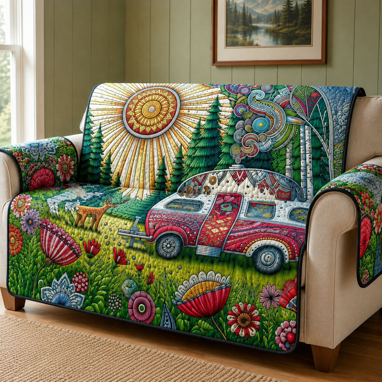 Camping Van Quilted Sofa Cover Outdoor Adventure Quilted Couch Cover Cool Room Decor Gifts