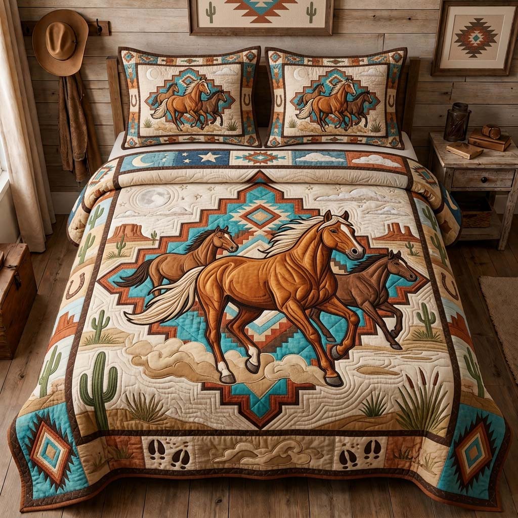 Canyon Horse Trio Quilted Bedding Set Horse Lover Coverlet Set Home Lover Gift Ideas