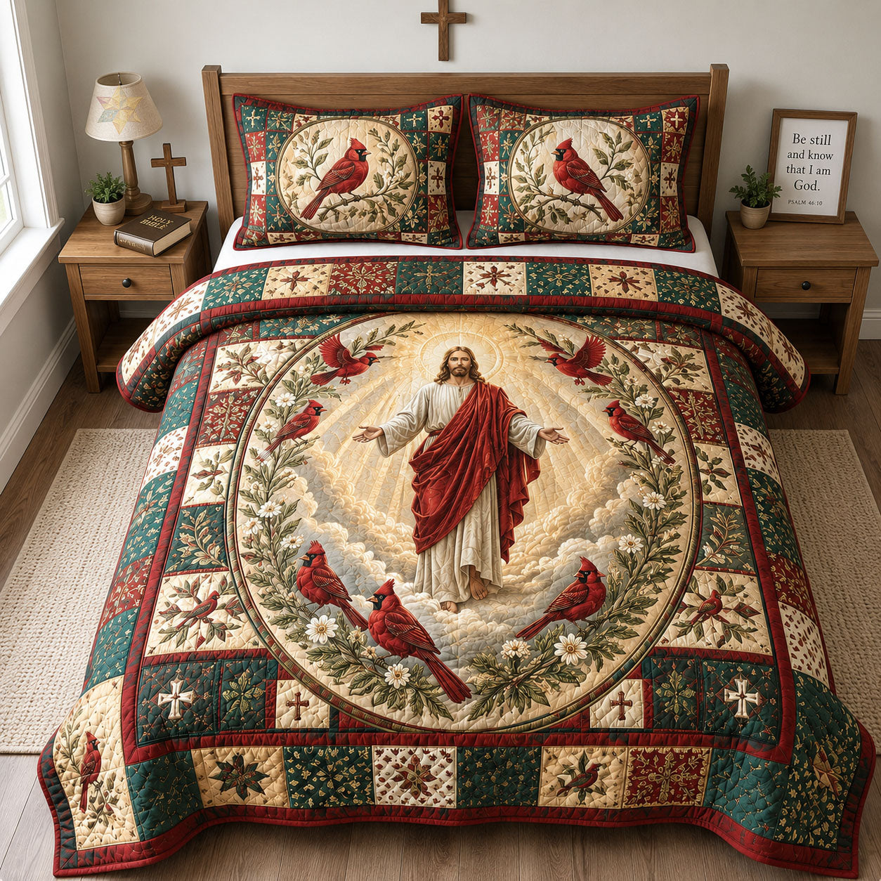 Cardinal Jesus Faith Quilted Bedding Set Christian Cardinal Coverlet Set Gift Ideas