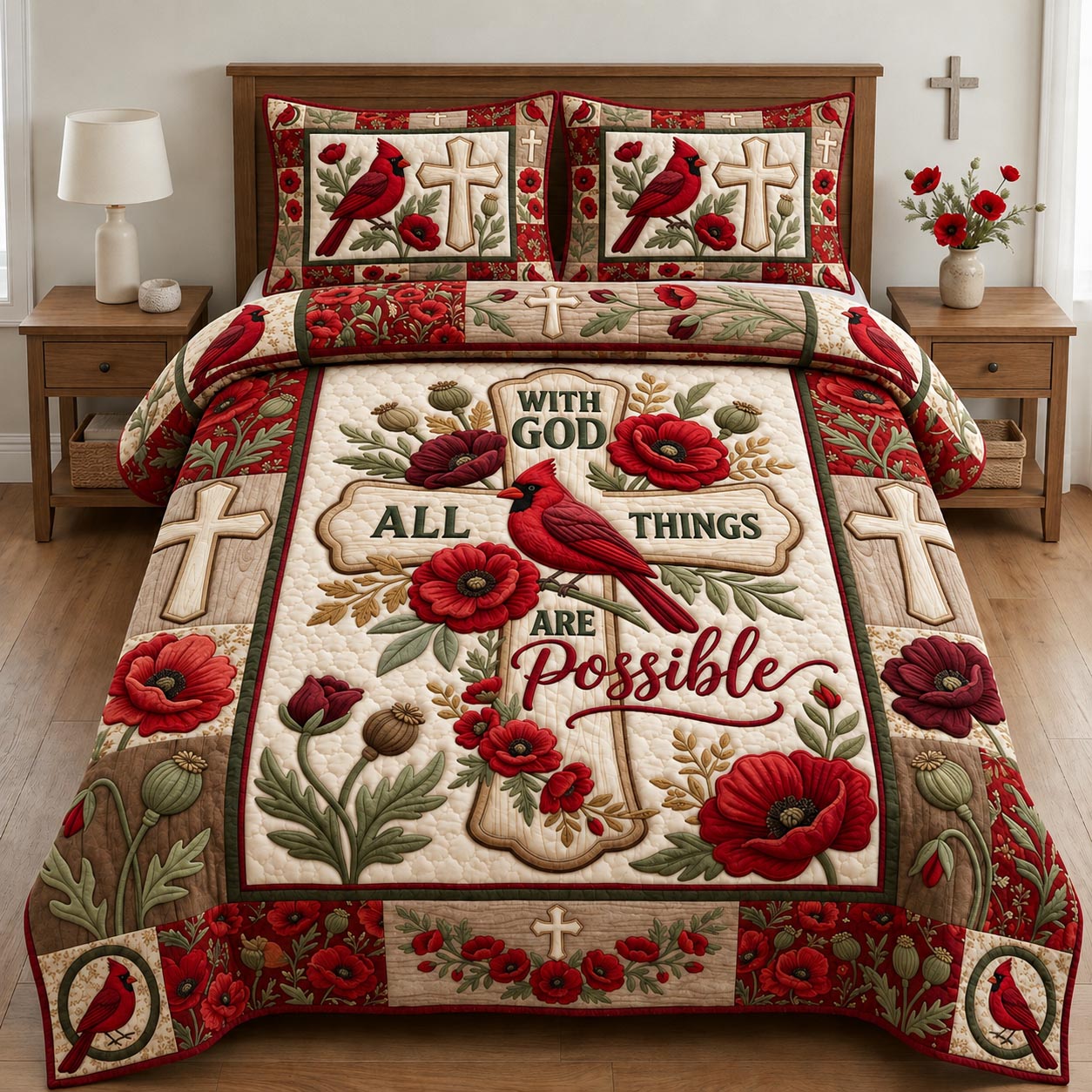 Cardinal With God All Things Are Possible Quilted Bedding Set Cardinal Lover Coverlet Set Gift