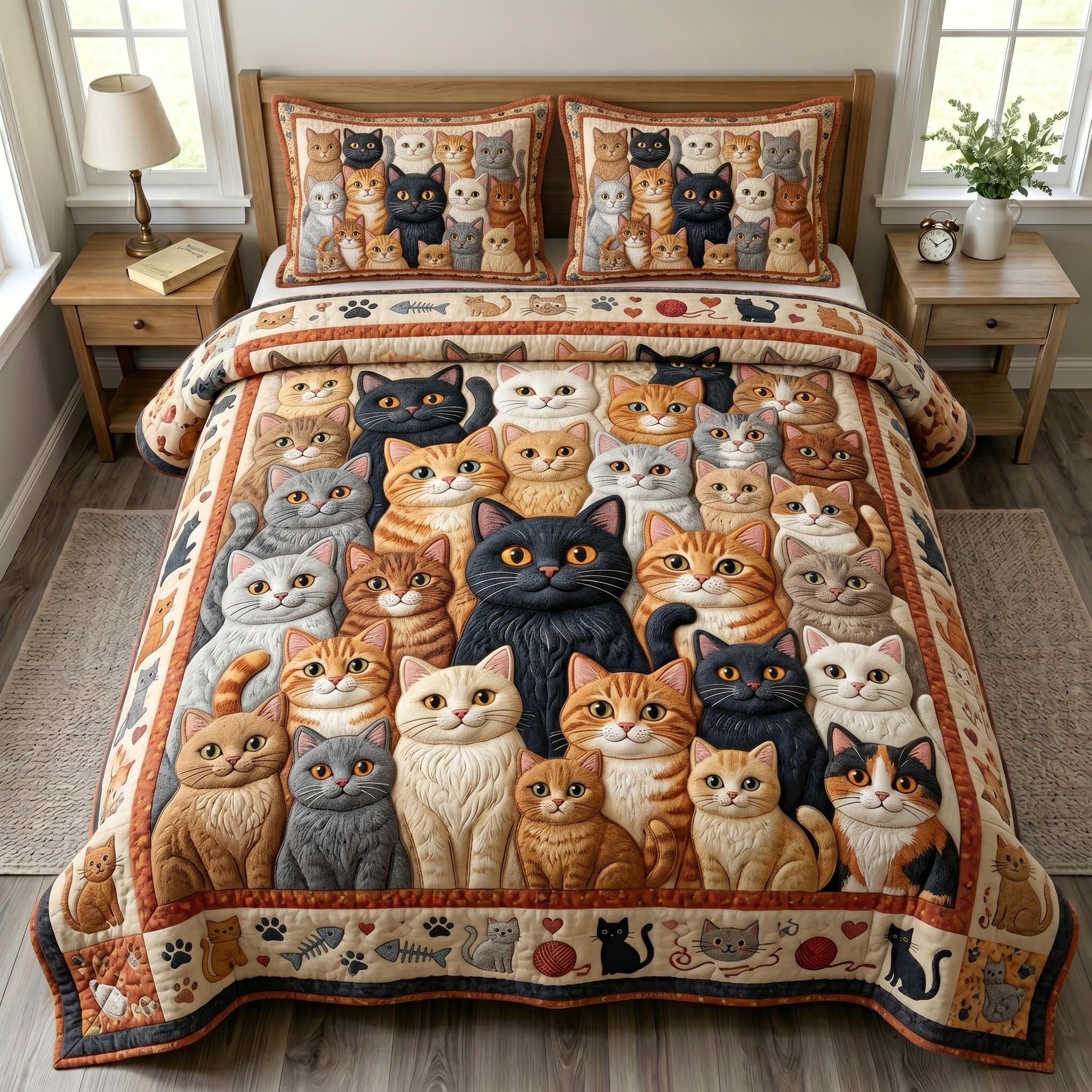 Cat Bliss Quilted Bedding Set Cat Lover Coverlet Set Cute Room Decor Finds