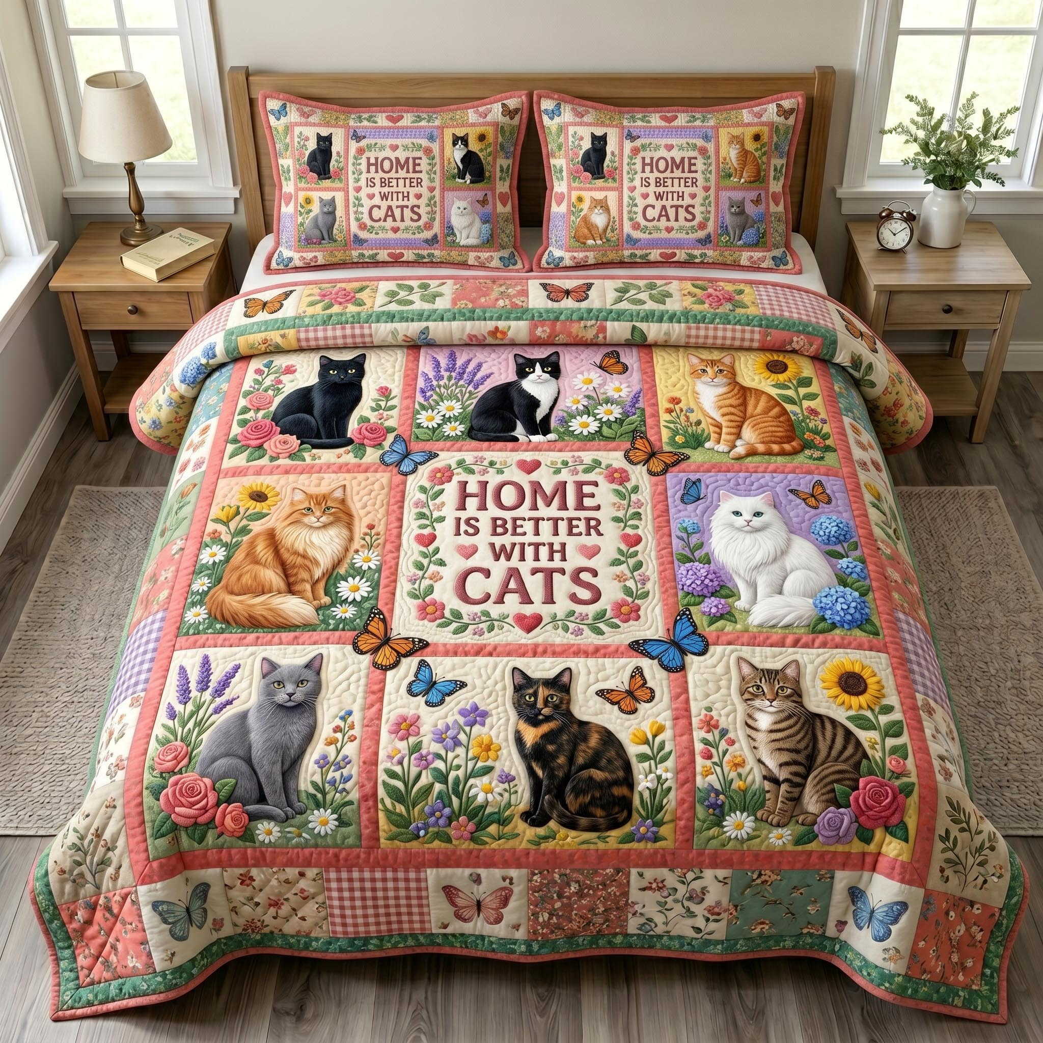 Cat Bliss Quilted Bedding Set Cat Lover Coverlet Set Unique Room Decor Gifts