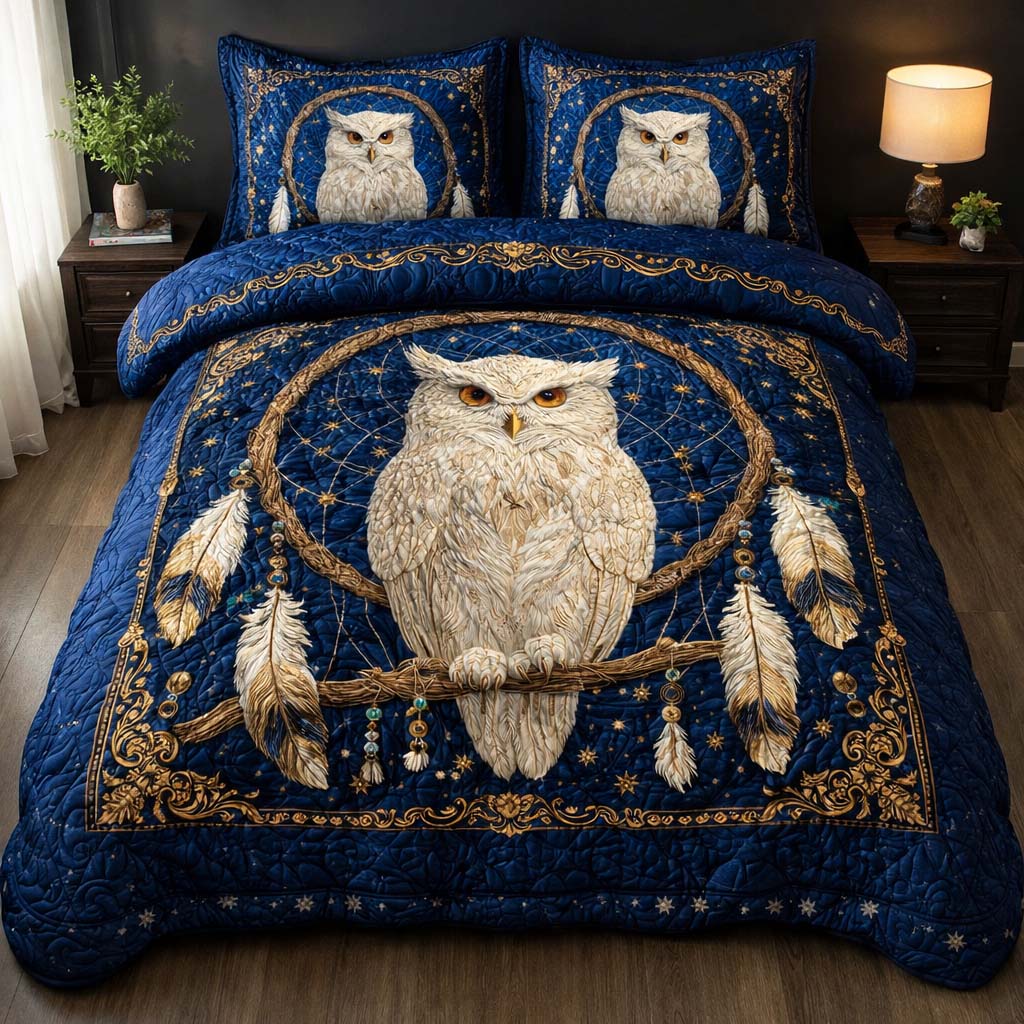 Celestial Owl Dream Quilted Bedding Set Owl Lover Coverlet Set Present For House Lovers