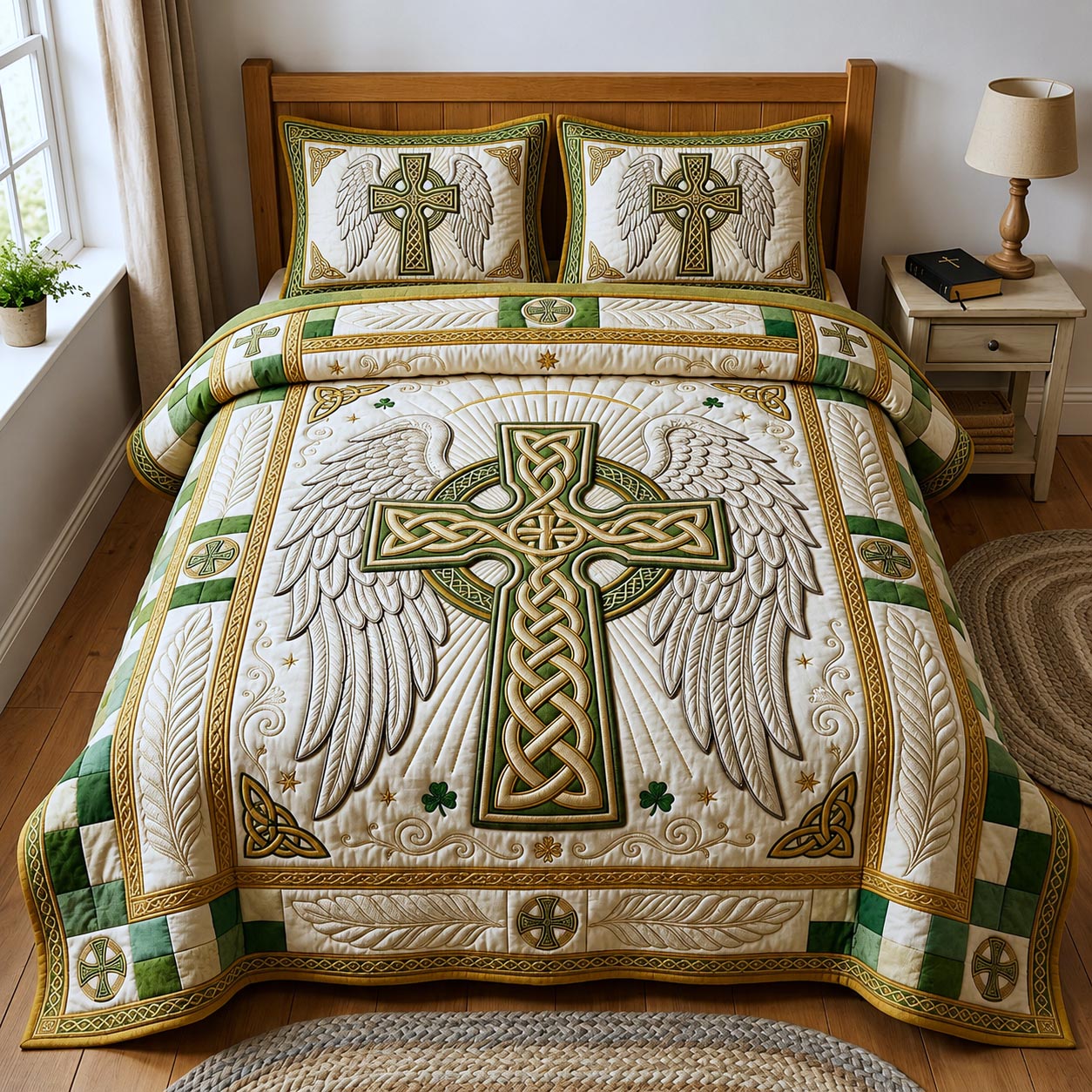 Celtic Cross Quilted Bedding Set Celtic Heritage Coverlet Set Gifts For House Lovers
