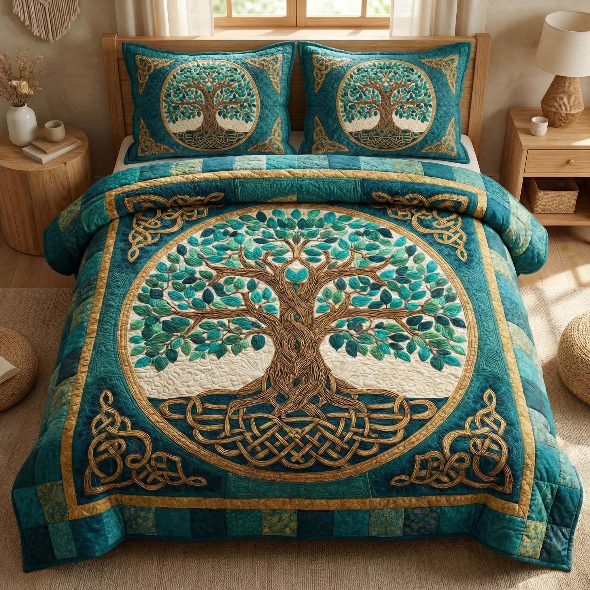 Celtic Emerald Quilted Bedding Set Celtic Heritage Coverlet Set Home Gifts For Him