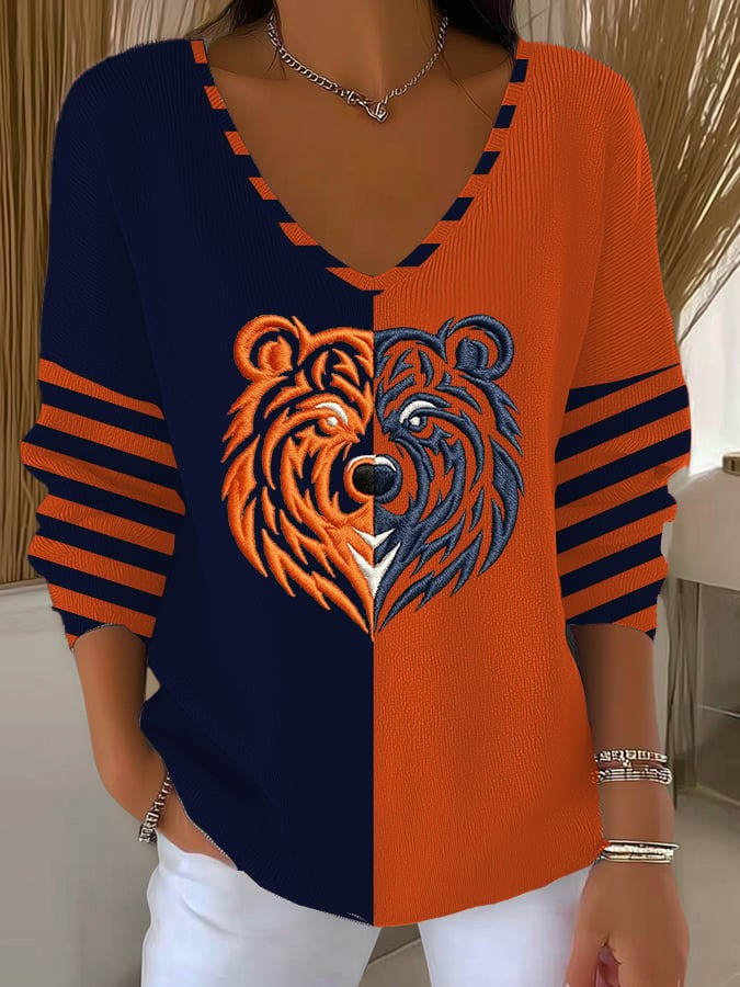 Chicago Bears Football V-Neck Long Sleeve Shirt Chicago Bears Fan Shirt Football Lovers Gift