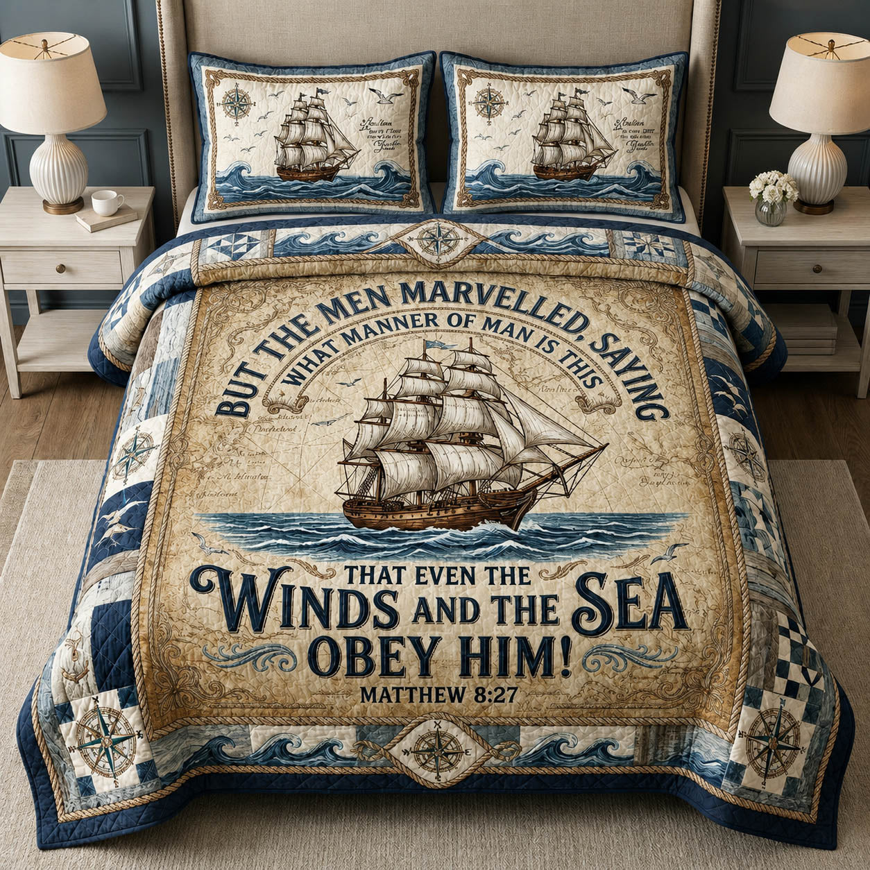 Christian Dad Nautical Quilted Bedding Set Christian Coastal Coverlet Set Present