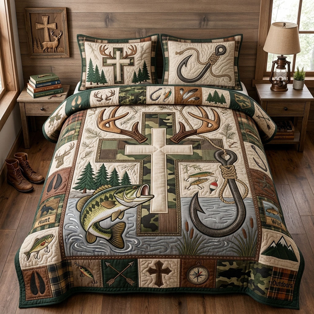 Christian Fishing Hunting Quilted Bedding Set Christian Outdoors Coverlet Set Decor Gift