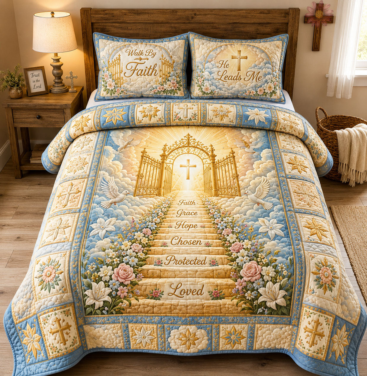 Christian Walk By Faith Quilted Bedding Set Christian Faith Coverlet Set Cozy Home Decor