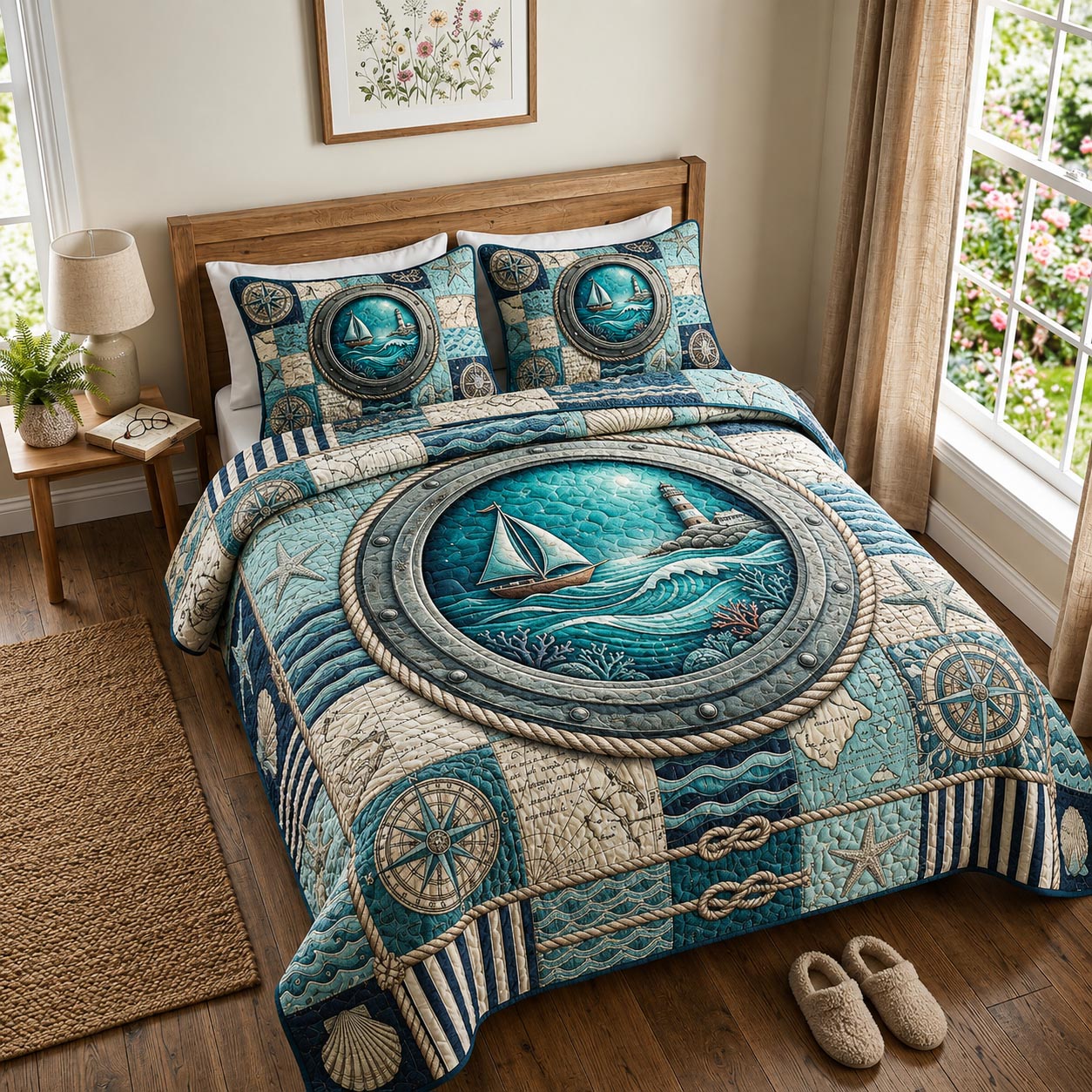 Coastal Anchor Quilted Bedding Set Nautical Anchor Coverlet Set Room Gifts