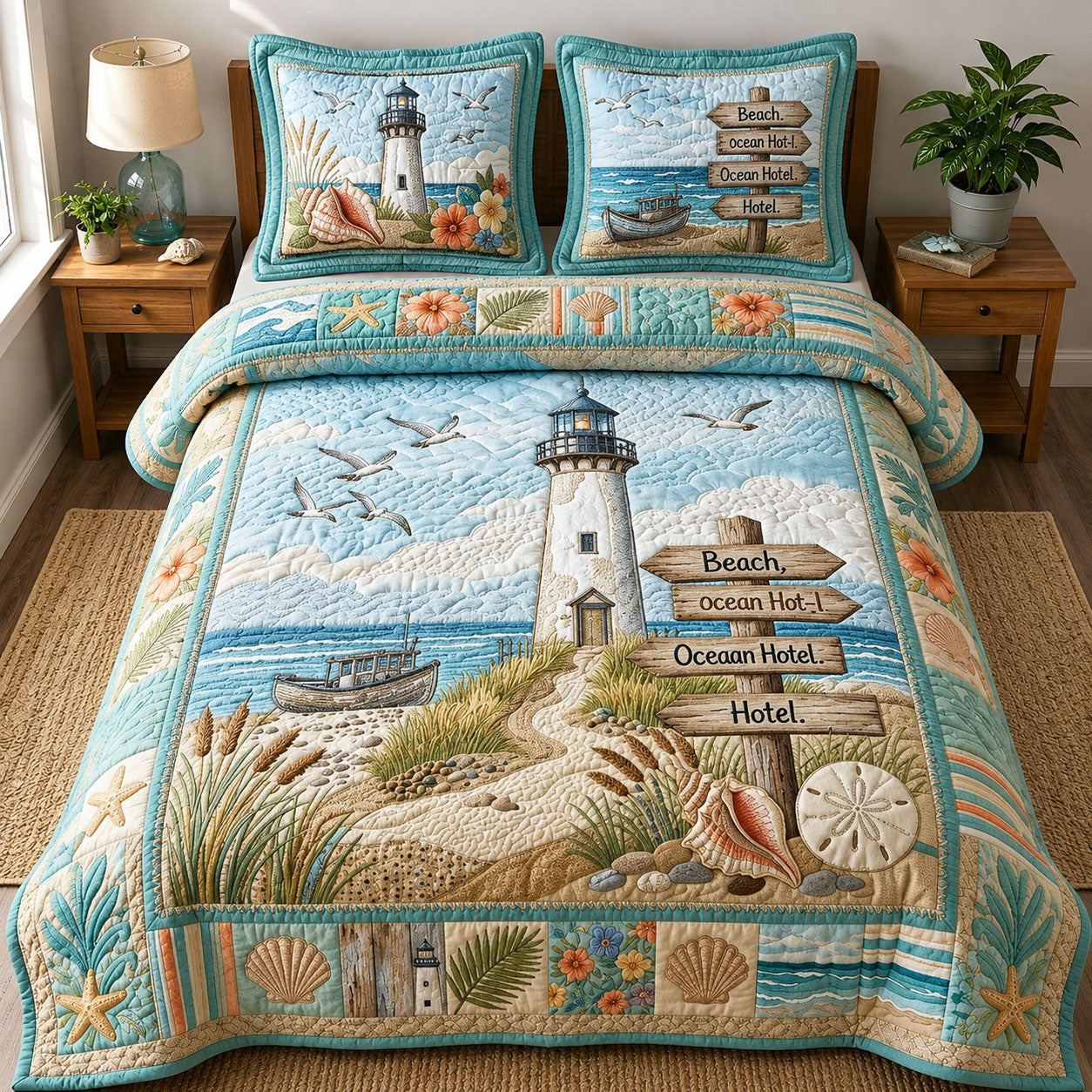 Coastal Life Lighthouse Quilted Bedding Set Coastal Serenity Coverlet Set Decor Gift