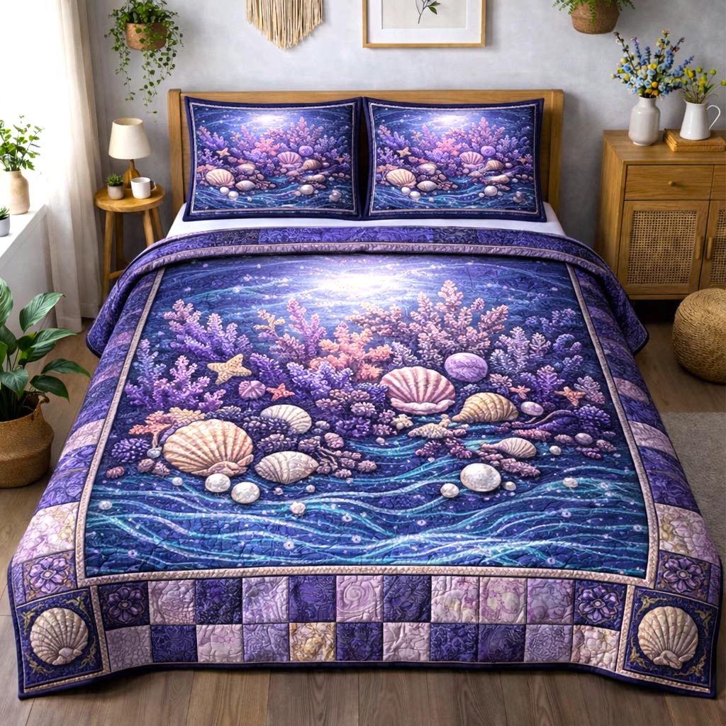 Coastal Treasure Quilted Bedding Set Coastal Serenity Coverlet Set Gift For Living Room