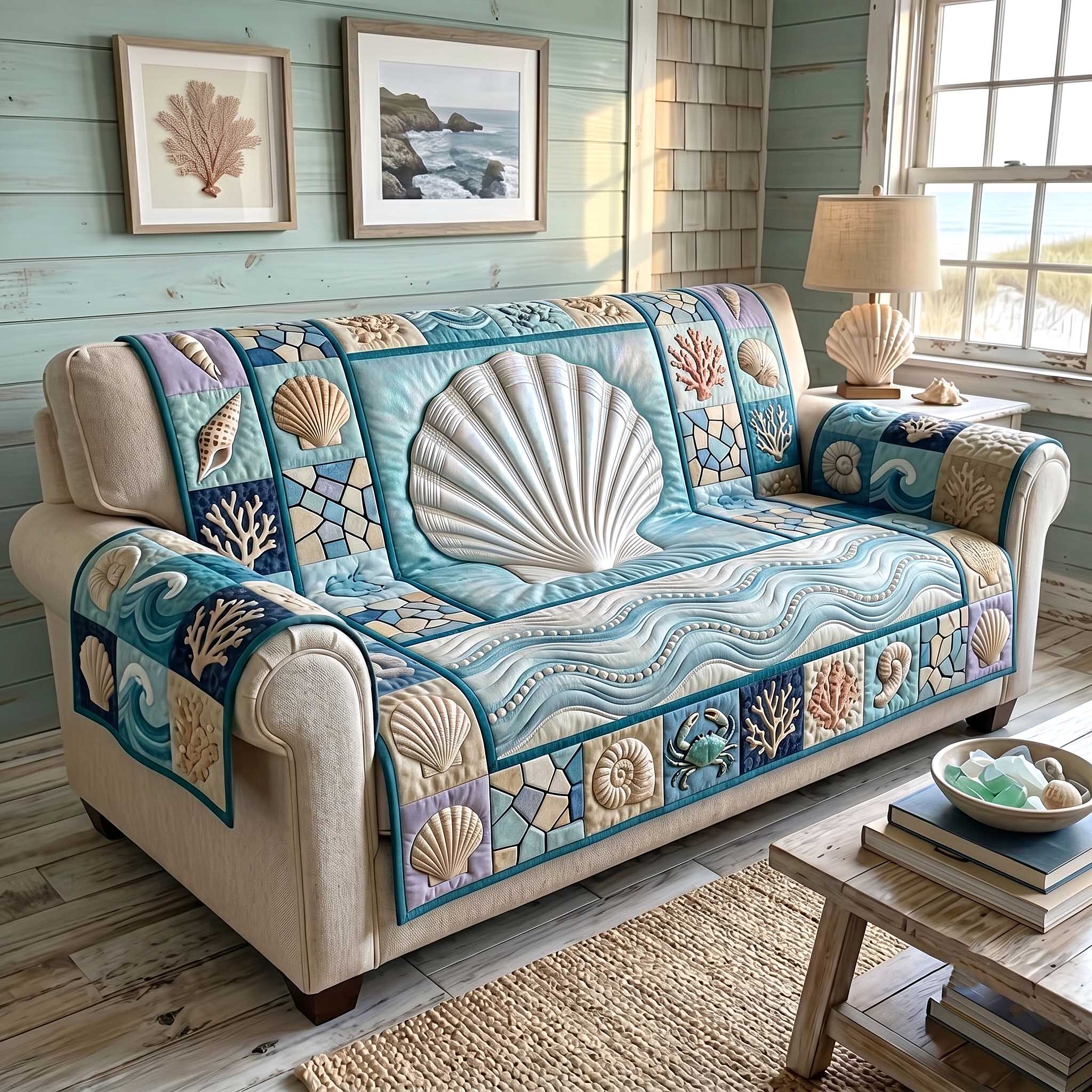 Coastal Whisper Quilted Sofa Cover Coastal Serenity Quilted Couch Cover Gifts For Home Decor