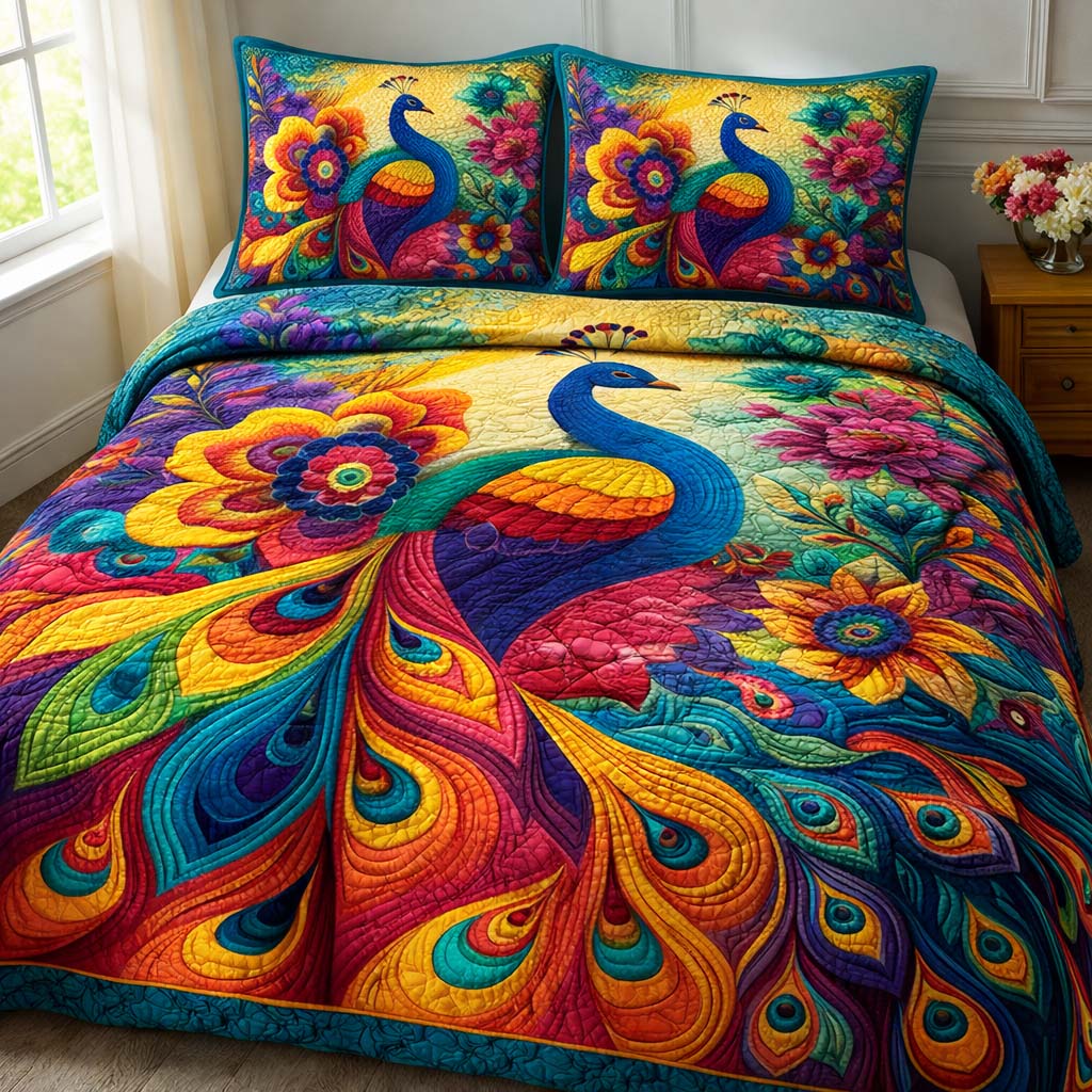 Colorful Peacock Quilted Bedding Set Peacock Lover Coverlet Set New Home Gift