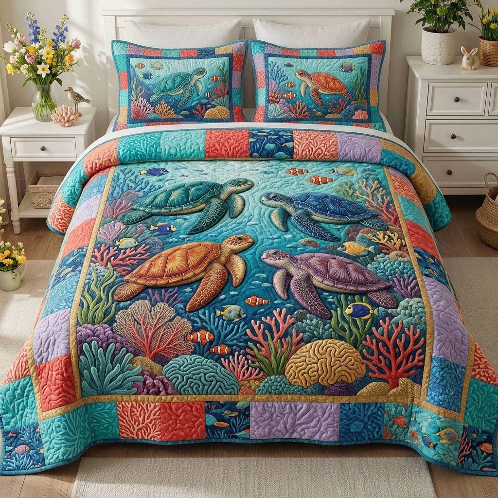 Coral Turtle Reef Quilted Bedding Set Turtle Lover Coverlet Set Gifts For Home Decor