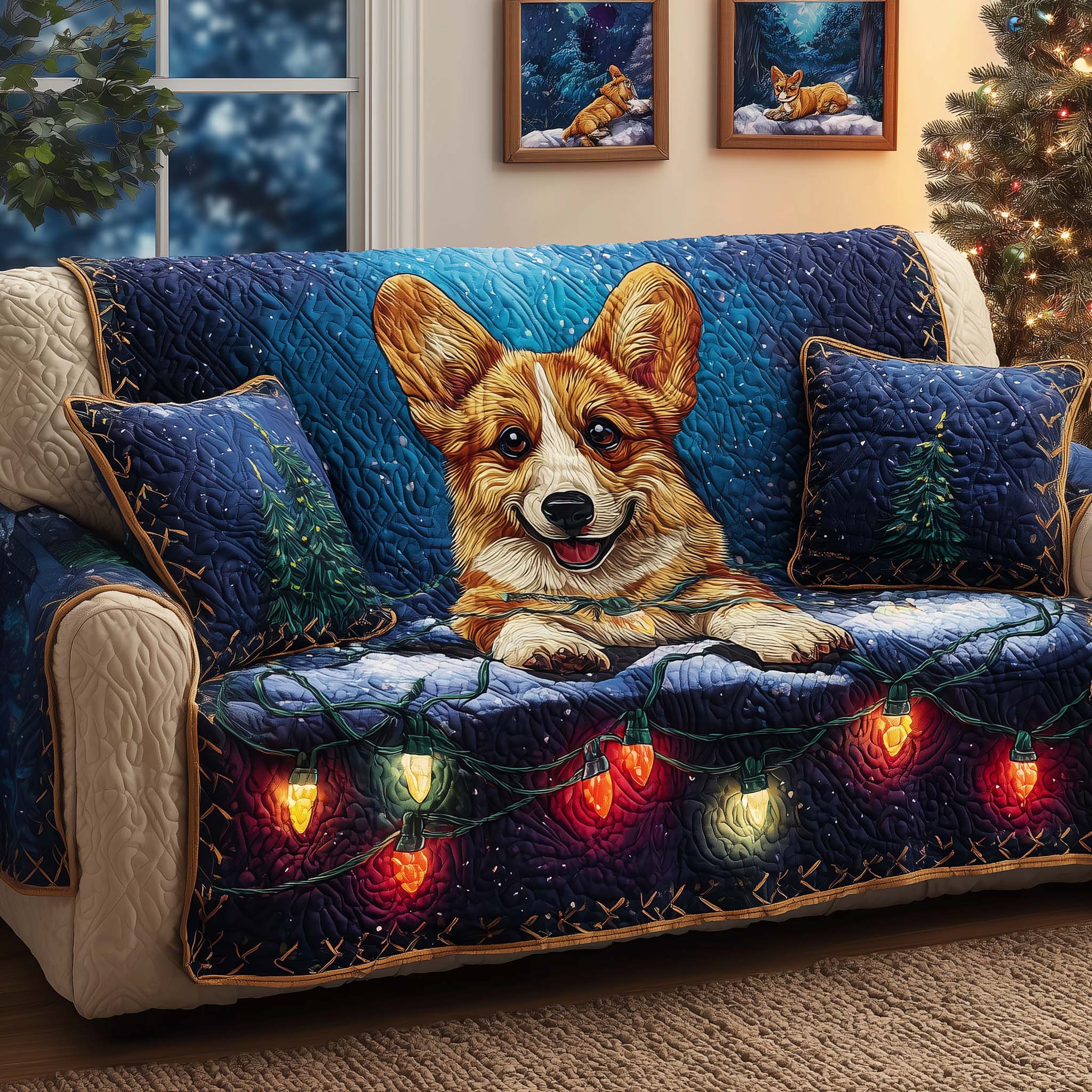 Corgi Lights Quilted Sofa Cover Dog Lover Quilted Couch Cover Home Gift