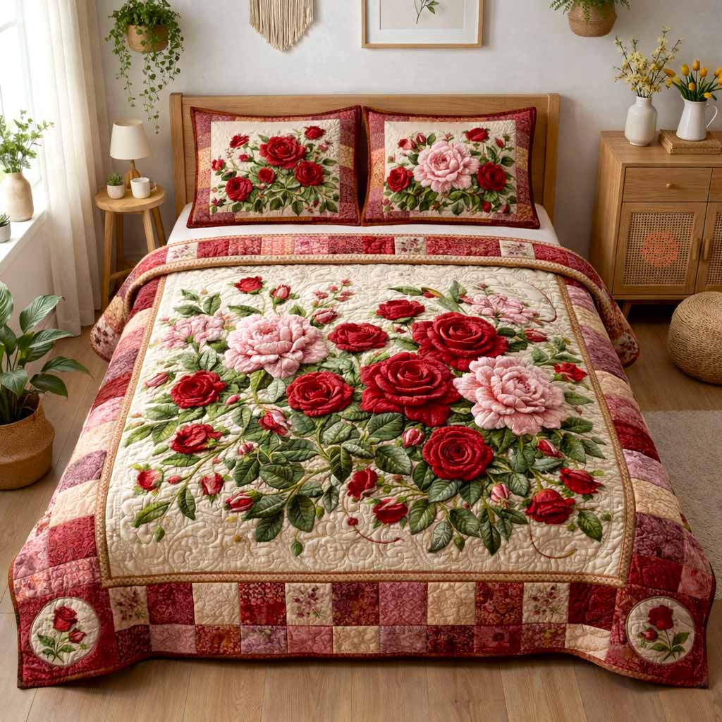 Cottage Bloom Quilted Bedding Set Floral Garden Coverlet Set Unique Gift