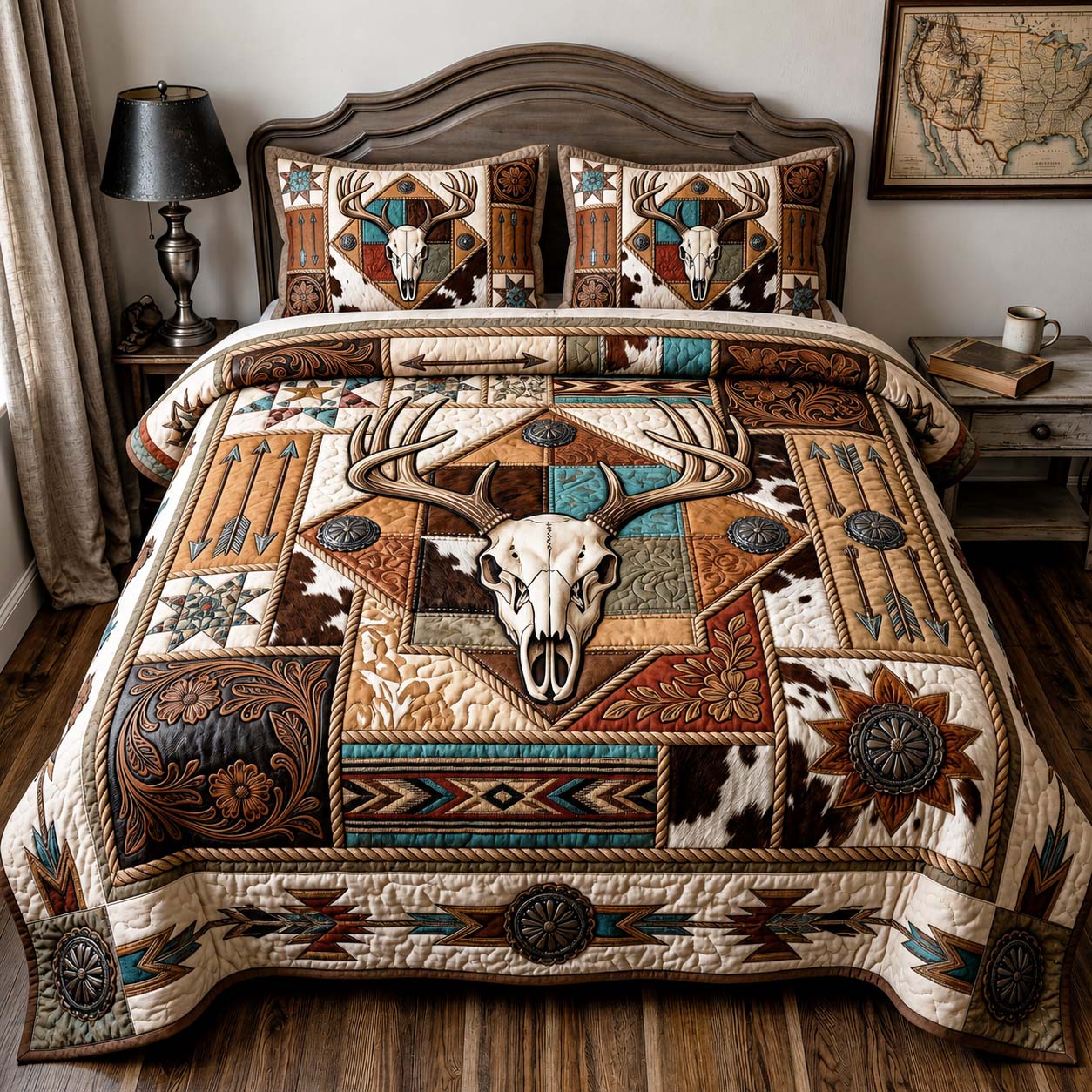 Cowhide Antlers Quilted Bedding Set Cow Lover Coverlet Set Perfect Gift Ideas