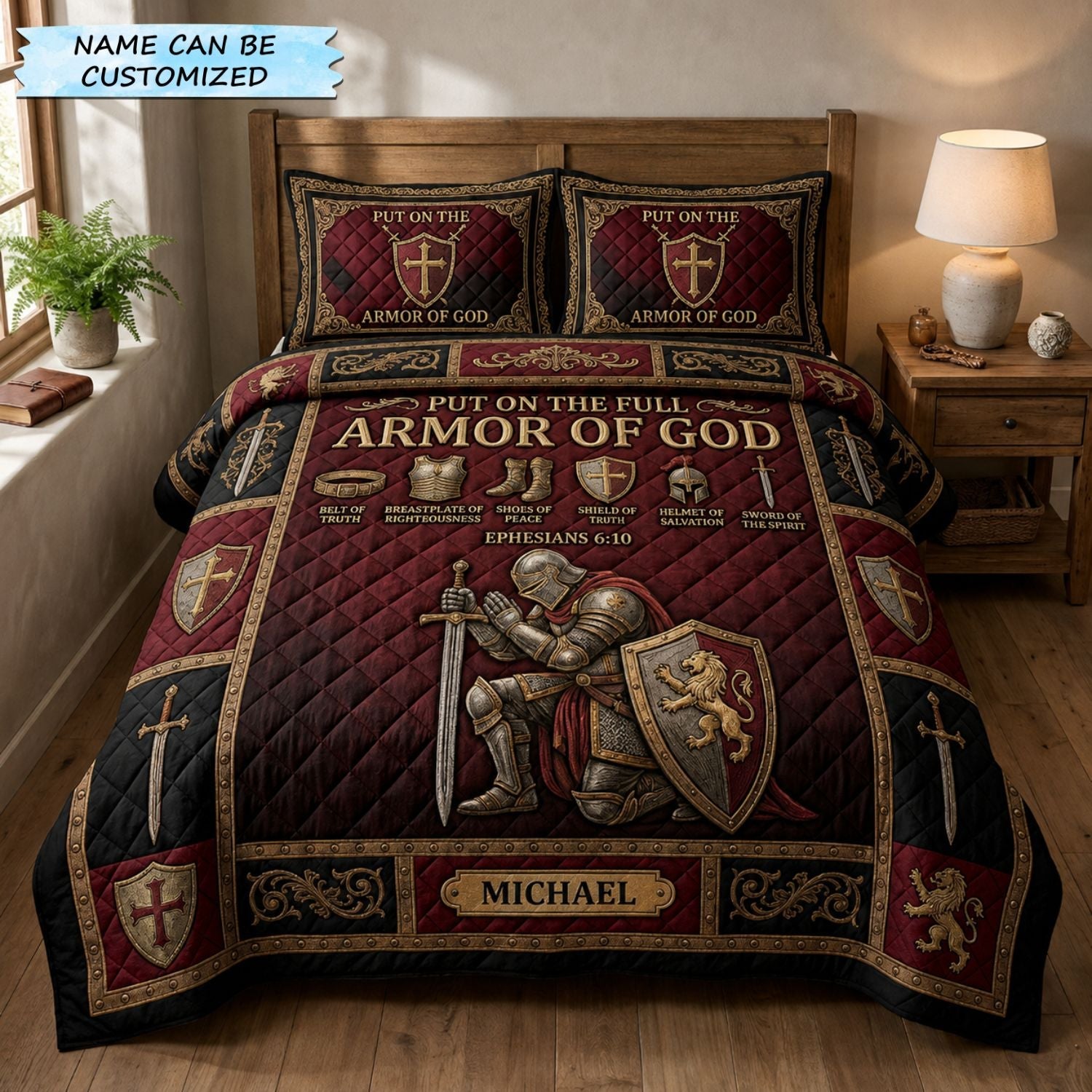 Custom Name Armor Of God Quilted Bedding Set Christian Warrior Coverlet Set Room Gifts