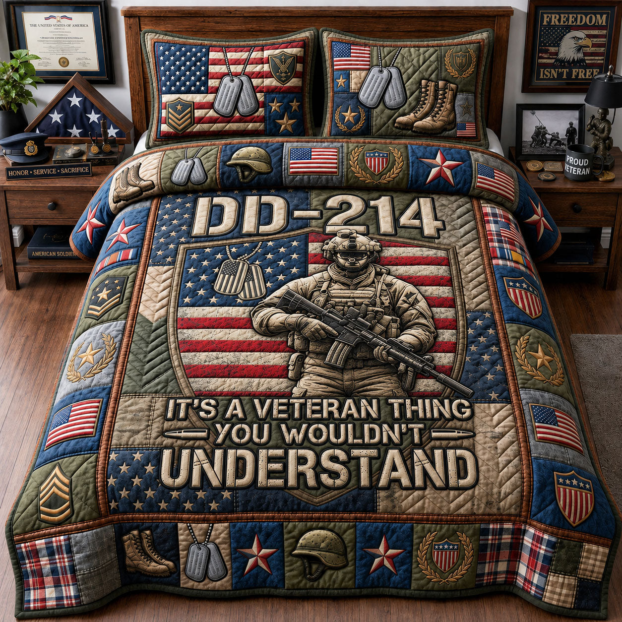 DD 214 Veteran Quilted Bedding Set Military Patriotic Coverlet Set Perfect Gift