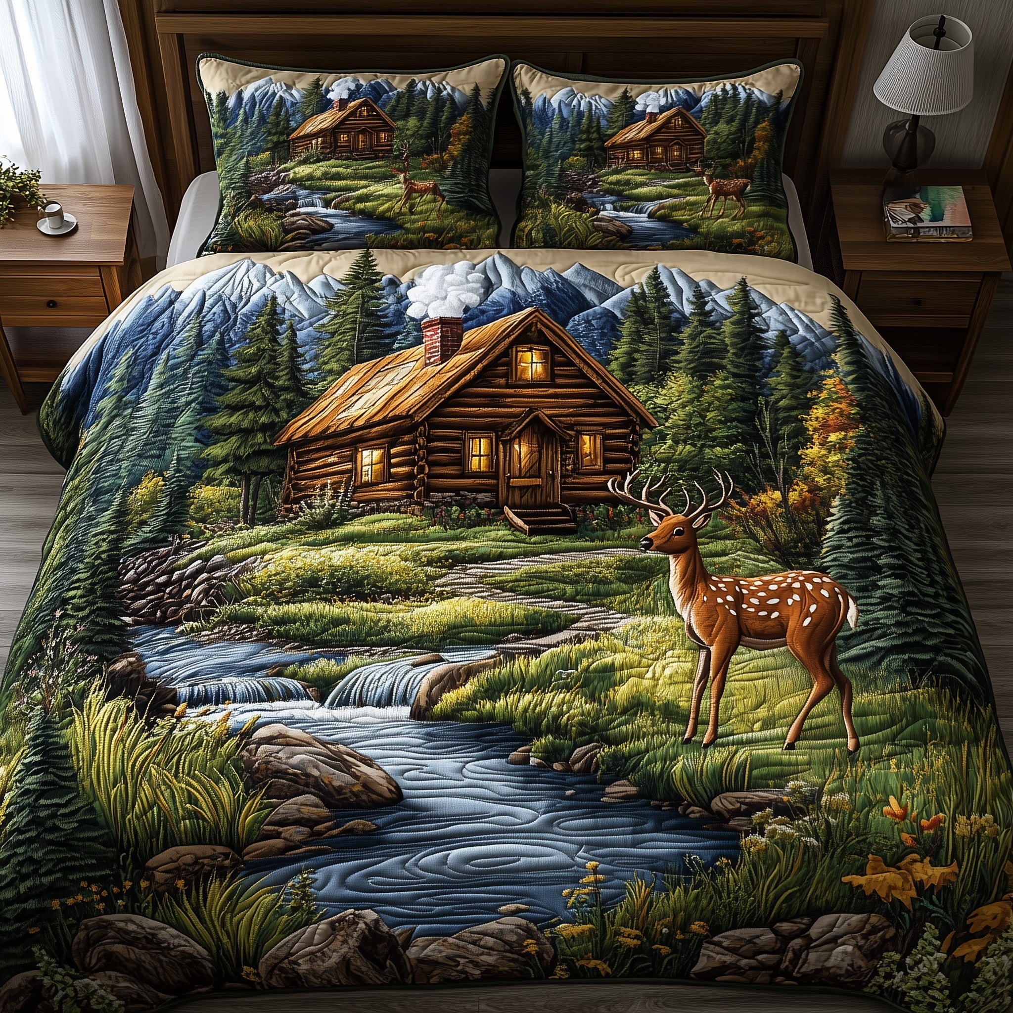 Deer and Cabin Quilted Bedding Set Deer Lover Coverlet Set Trendy Room Decor Gifts