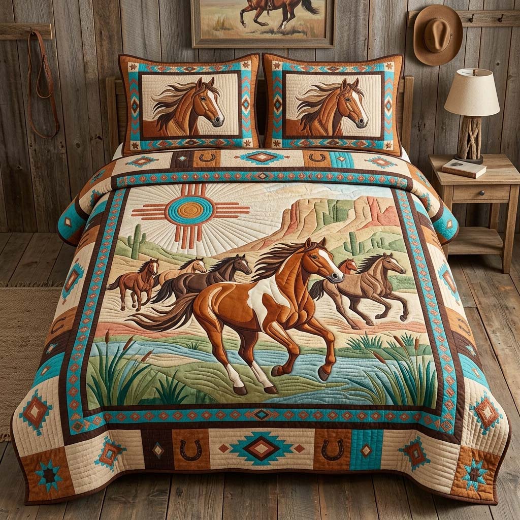 Desert Horse Run Quilted Bedding Set Horse Lover Coverlet Set House Lover Gift Ideas